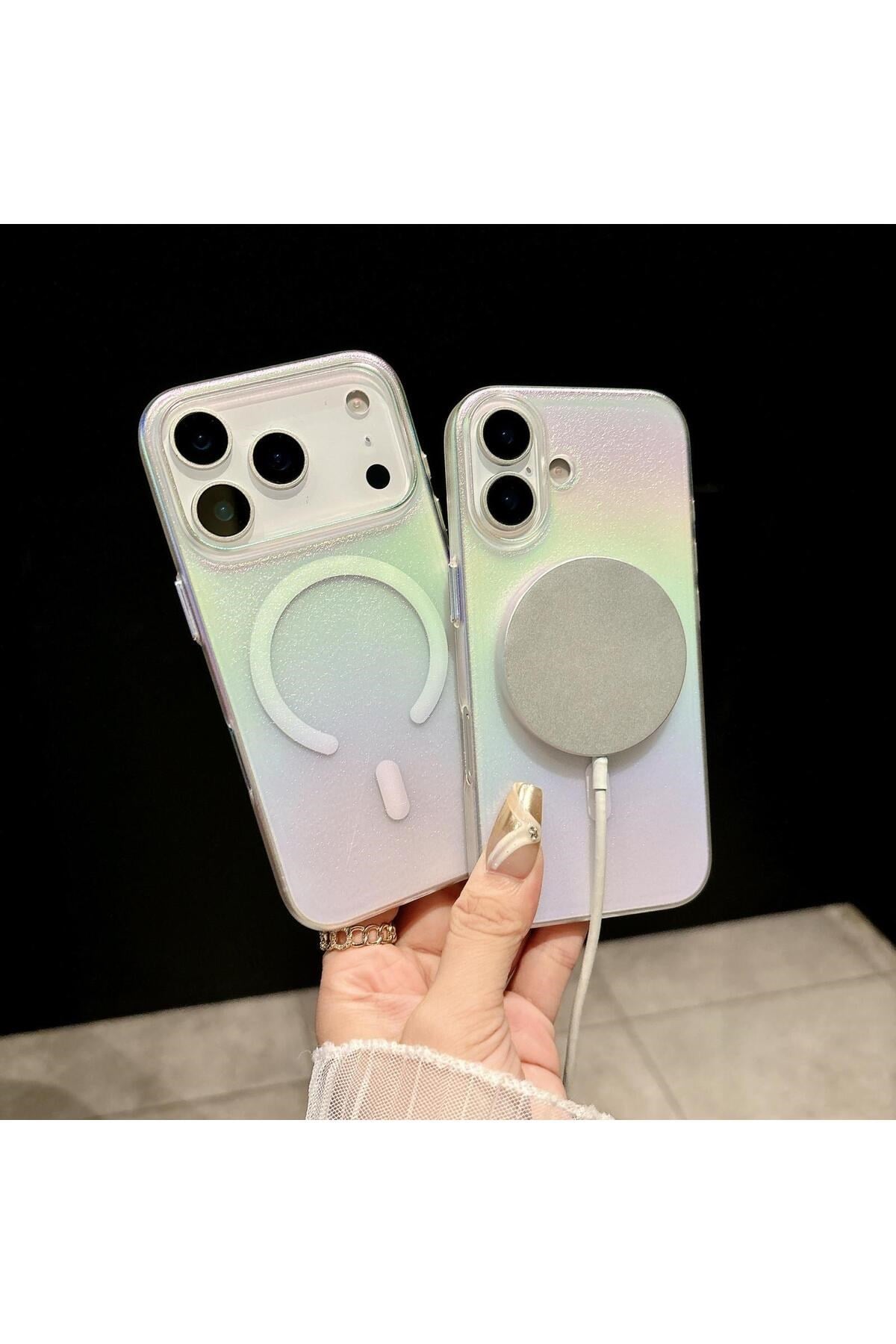 Iphone 17 Pro Uyumlu Lazer Işıltılı MagSafeli, Simli, Metal Tuşlu, Holografik Renk Geçişli Kılıf