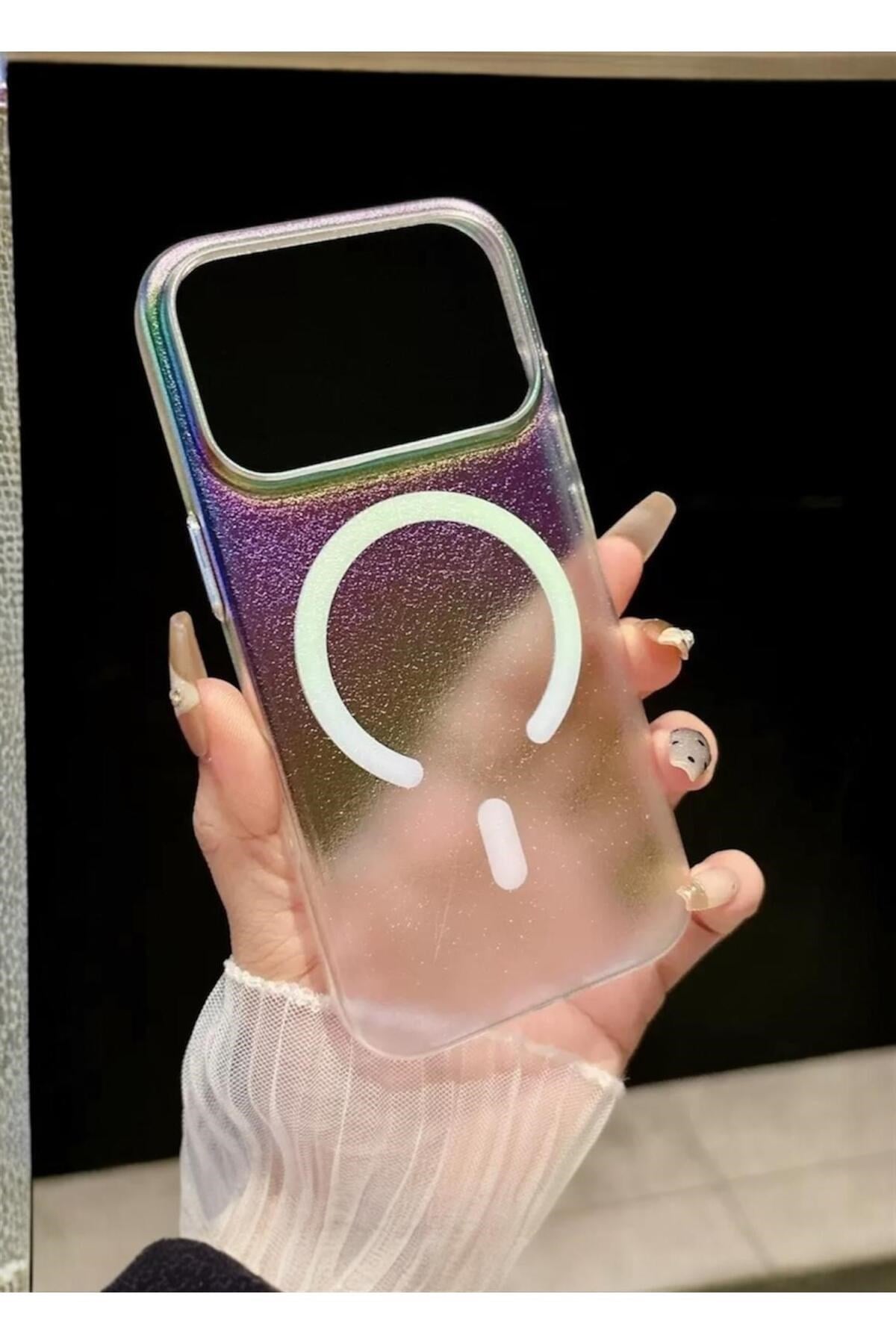 Iphone 17 Pro Uyumlu Lazer Işıltılı MagSafeli, Simli, Metal Tuşlu, Holografik Renk Geçişli Kılıf