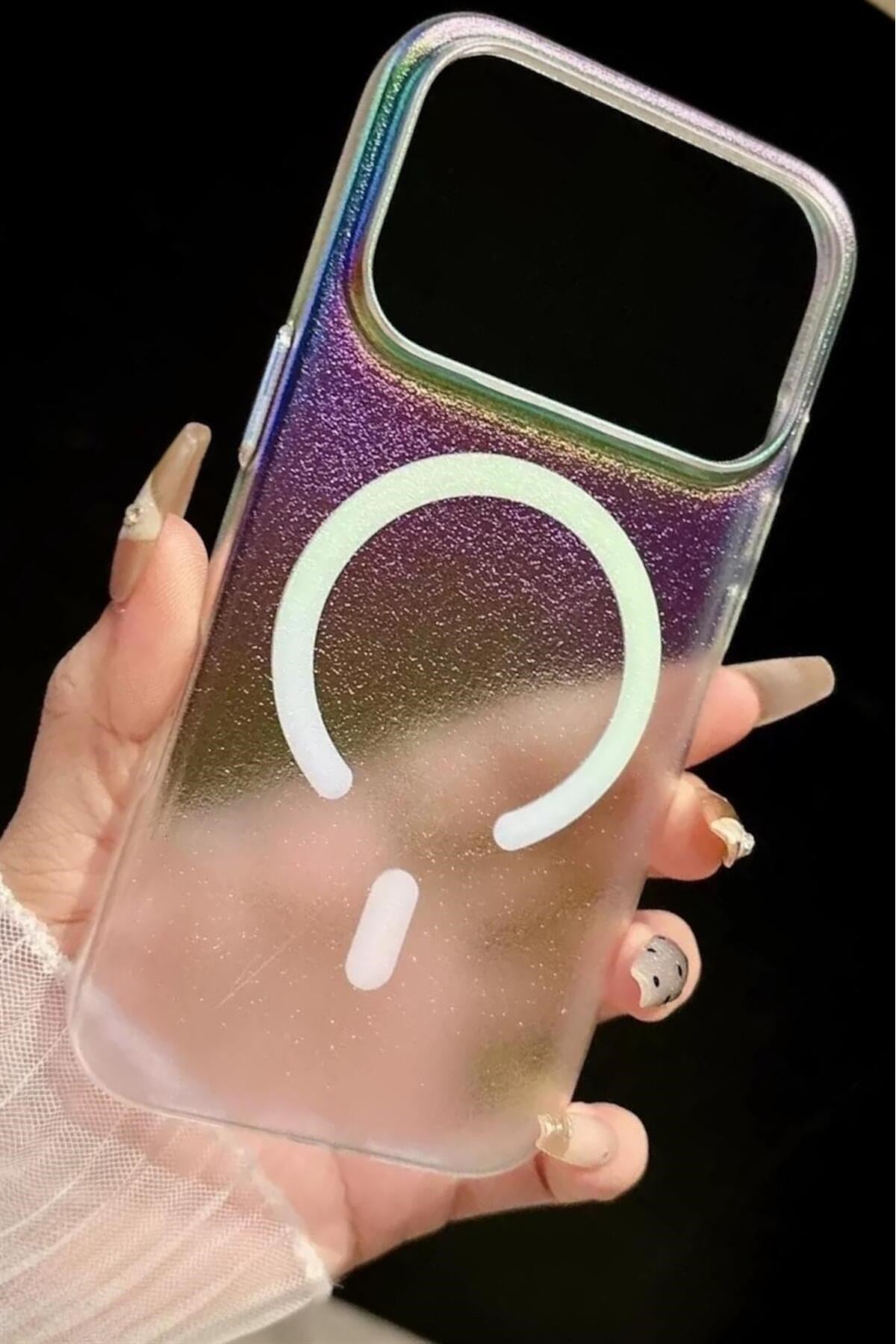 Iphone 17 Pro Uyumlu Lazer Işıltılı MagSafeli, Simli, Metal Tuşlu, Holografik Renk Geçişli Kılıf
