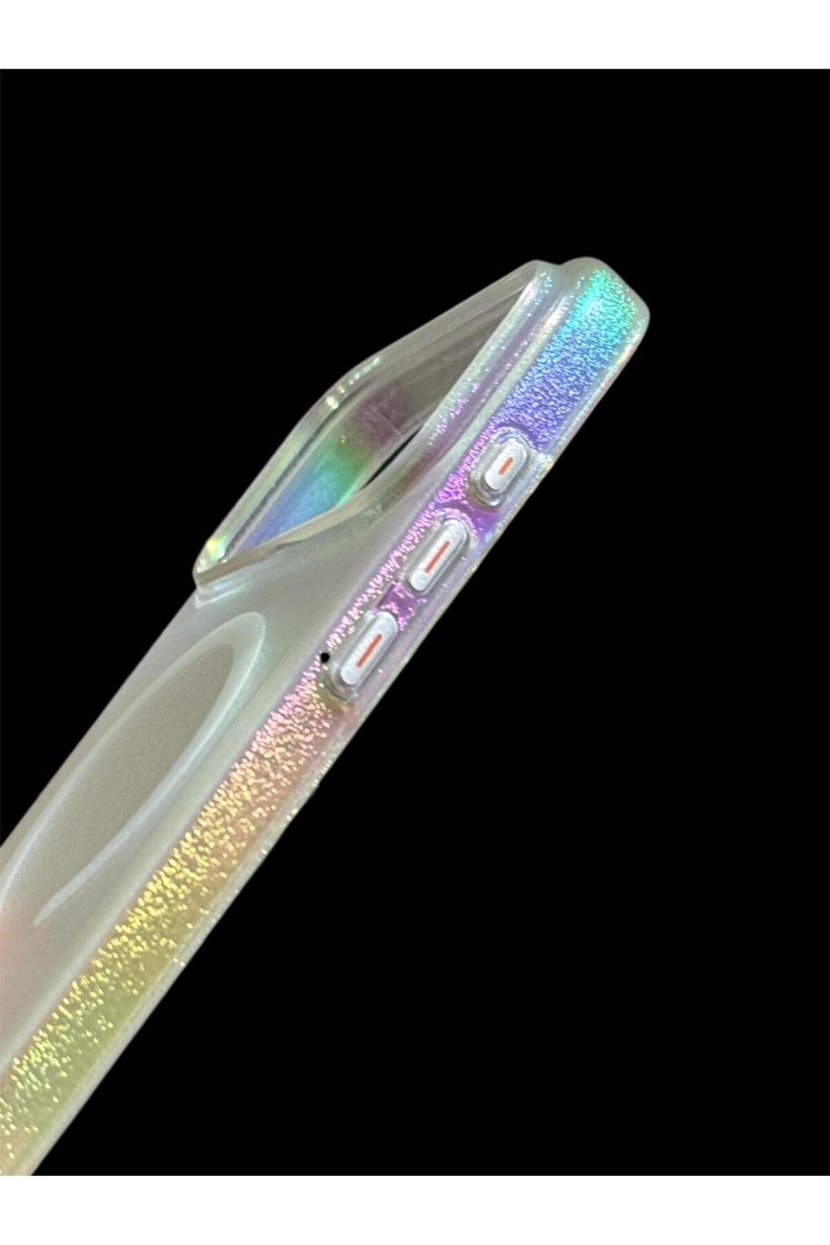 Iphone 17 Pro Uyumlu Lazer Işıltılı MagSafeli, Simli, Metal Tuşlu, Holografik Renk Geçişli Kılıf