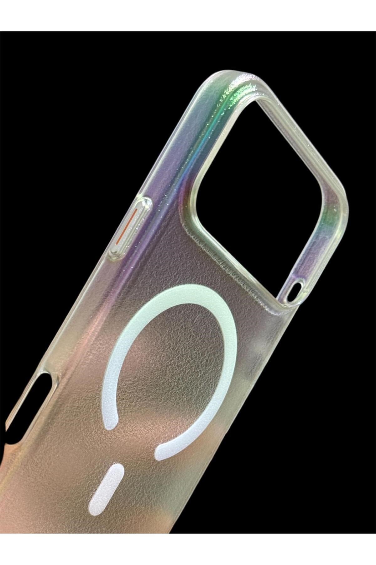 Iphone 17 Pro Uyumlu Lazer Işıltılı MagSafeli, Simli, Metal Tuşlu, Holografik Renk Geçişli Kılıf