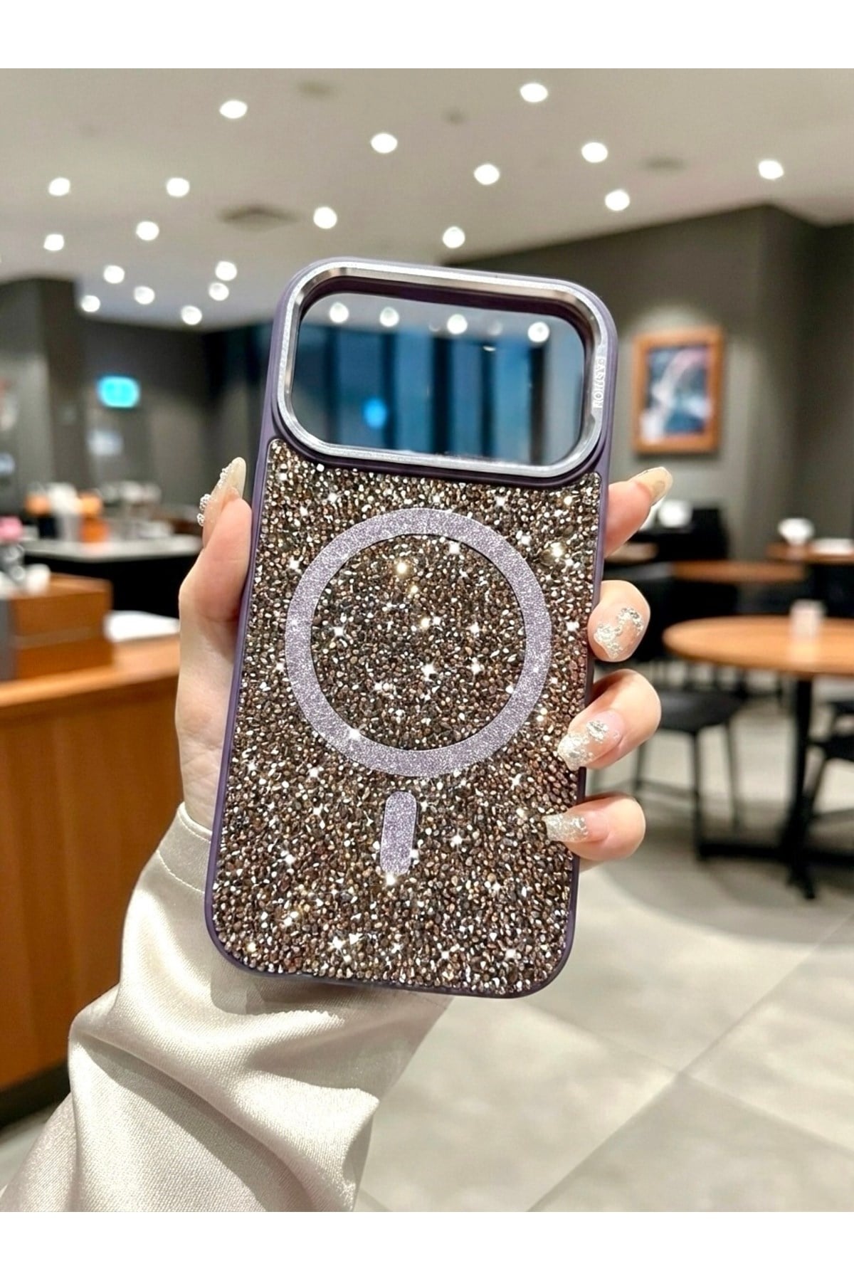 iPhone 17 Pro Uyumlu, Mor, MagSafe Özellikli Premium Simli Taşlı Parlak Kılıf