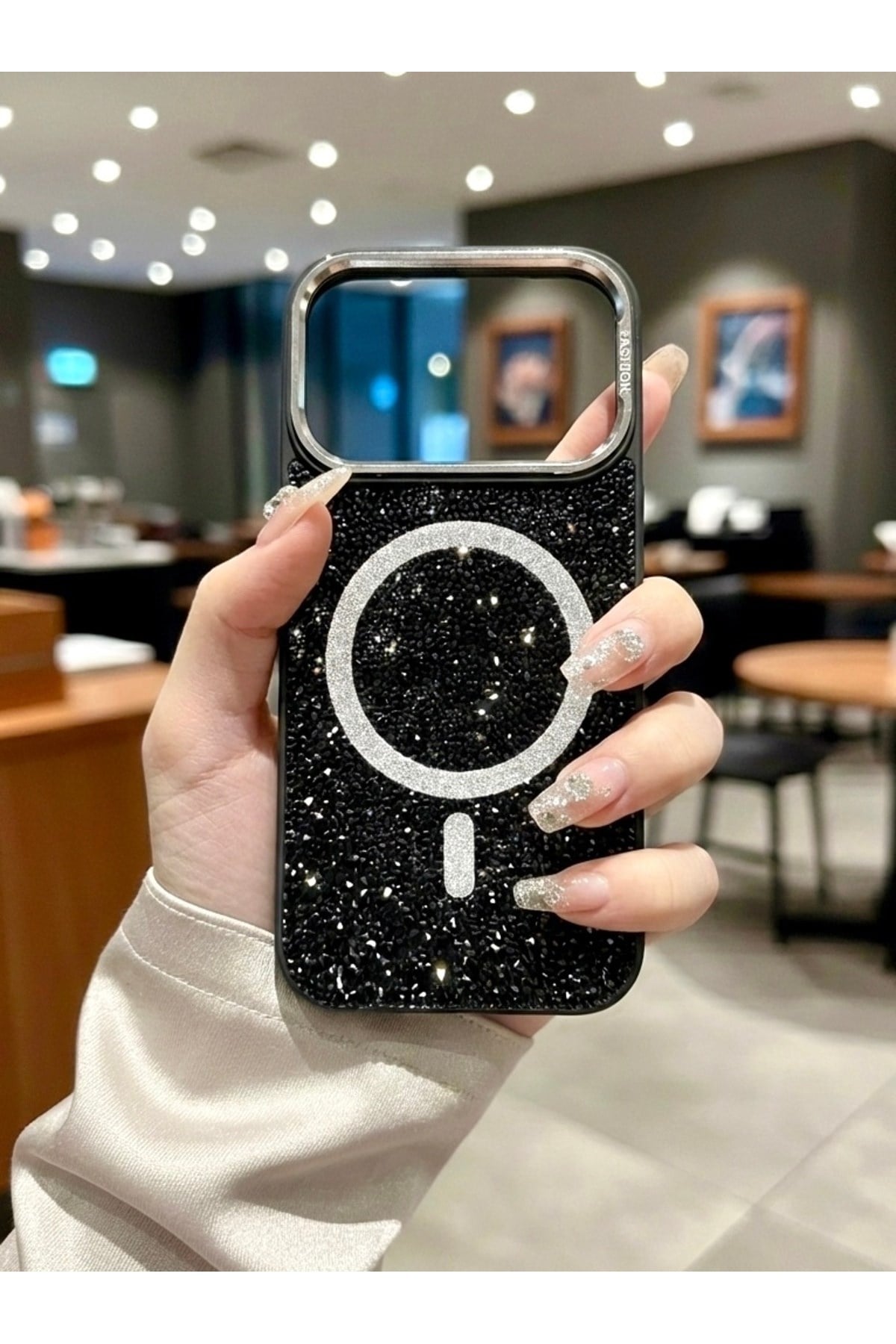 iPhone 17 Pro Uyumlu, Siyah, MagSafe Özellikli Premium Simli Taşlı Parlak Kılıf