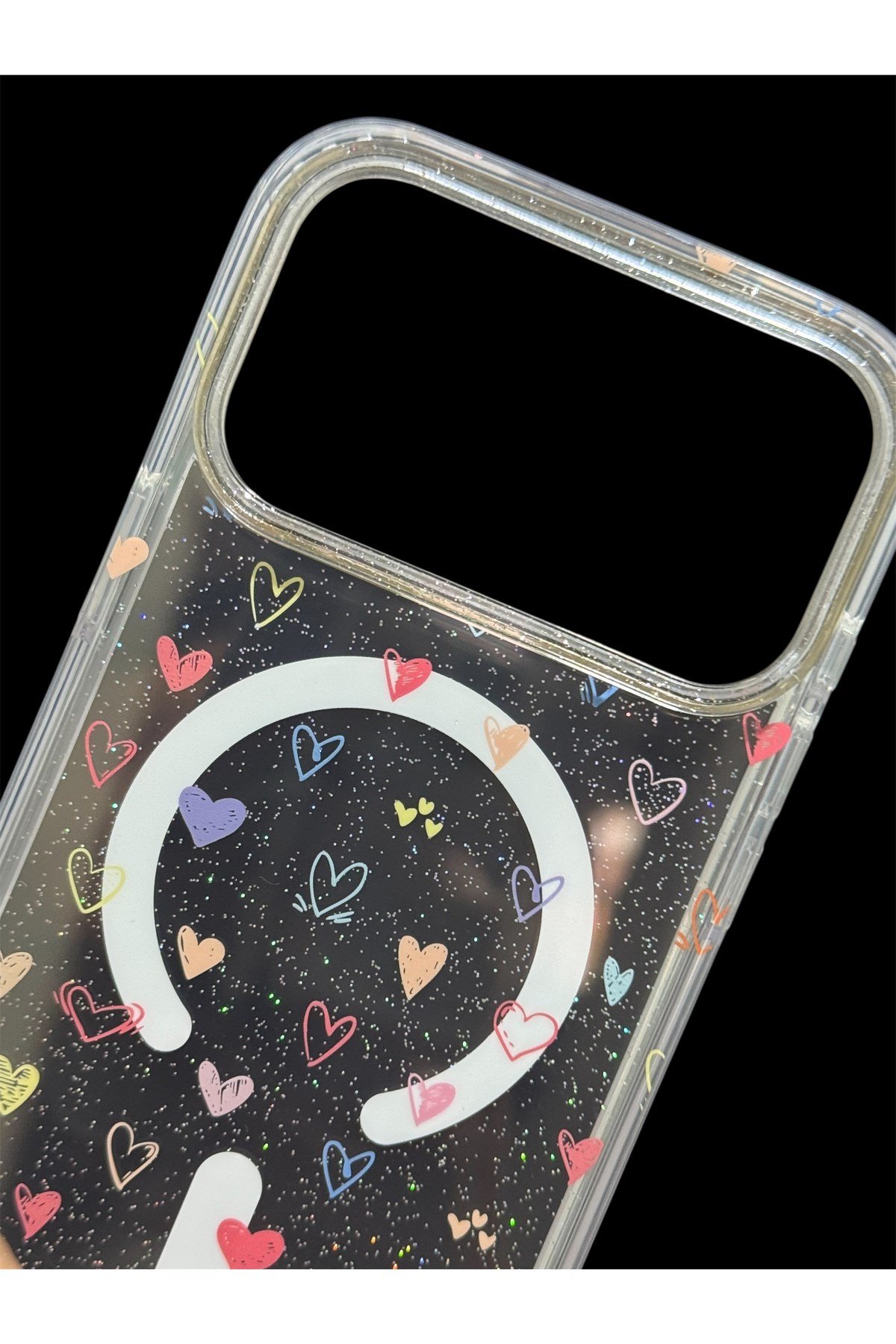 Iphone 17 ProMax Uyumlu MagSafeli Holografik Işıltılı Tüy Desenli Şeffaf Kılıf
