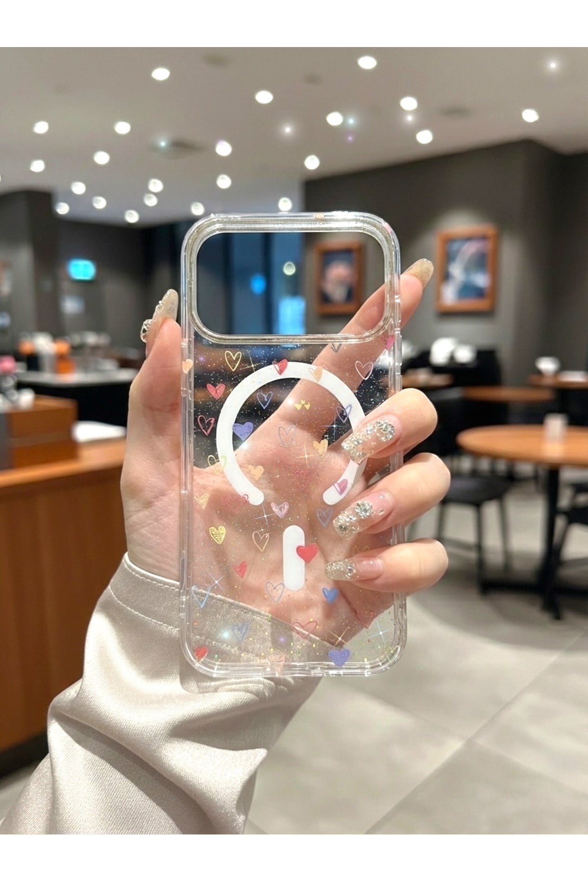 Iphone 17 ProMax Uyumlu MagSafeli Holografik Işıltılı Tüy Desenli Şeffaf Kılıf