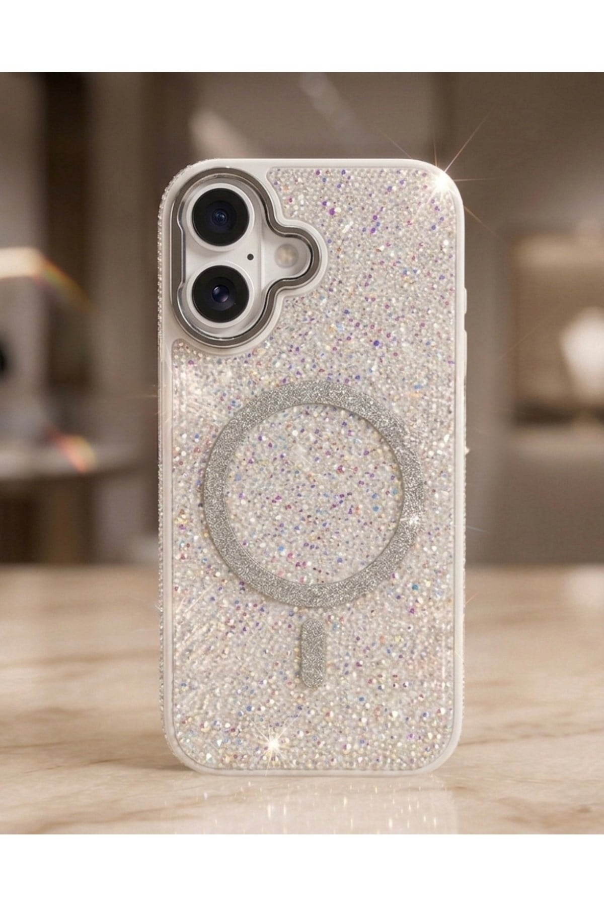 iPhone 17 Uyumlu, Beyaz, MagSafe Özellikli Premium Simli Taşlı Parlak Kılıf