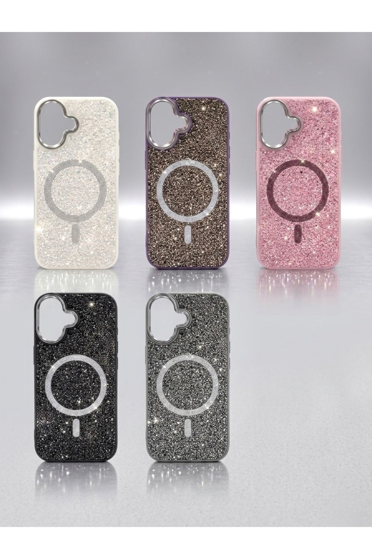 iPhone 17 Uyumlu, Gri, MagSafe Özellikli Premium Simli Taşlı Parlak Kılıf