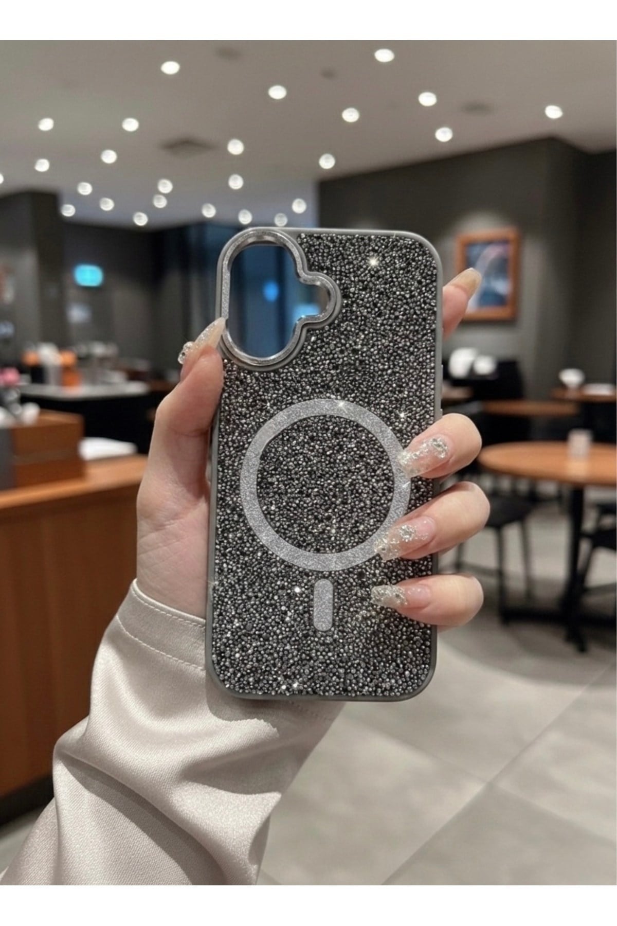 iPhone 17 Uyumlu, Gri, MagSafe Özellikli Premium Simli Taşlı Parlak Kılıf