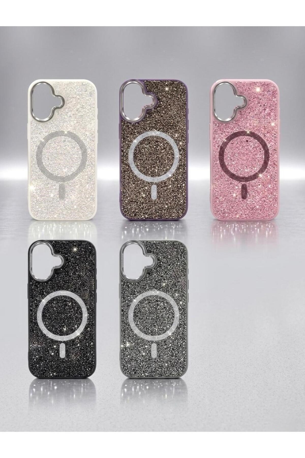 iPhone 17 Uyumlu, Mor, MagSafe Özellikli Premium Simli Taşlı Parlak Kılıf