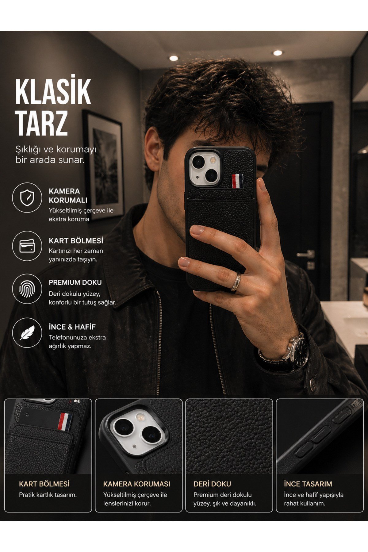 Lüks Tasarım Gizli Kart Bölmeli ıPhone 13 Uyumlu Kılıf Şerit Detaylı Premium Deri Görünüm