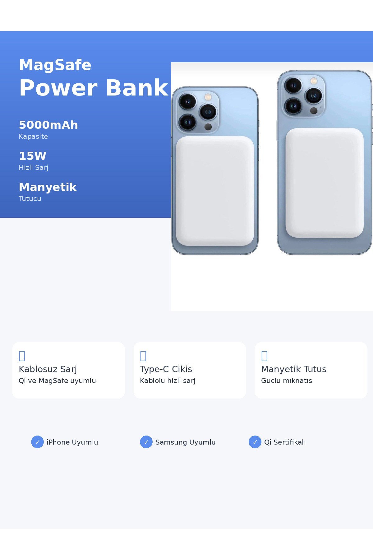 MagSafe Power Bank 5000mAh Manyetik Kablosuz Hizli Sarj 15W iPhone 17 16 15 14 13 12 Pro Max Samsung Uyumlu Tasinabilir Cep Batarya