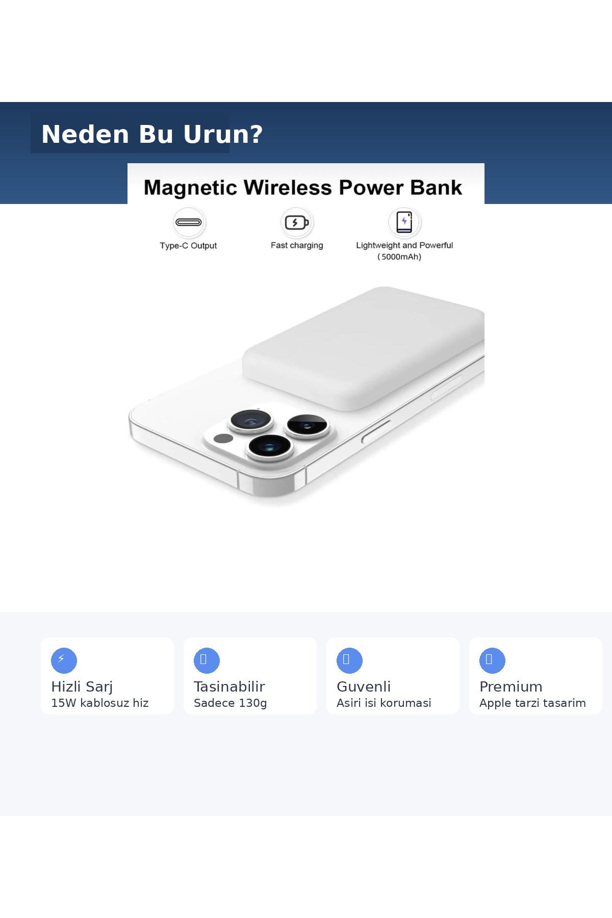MagSafe Power Bank 5000mAh Manyetik Kablosuz Hizli Sarj 15W iPhone 17 16 15 14 13 12 Pro Max Samsung Uyumlu Tasinabilir Cep Batarya