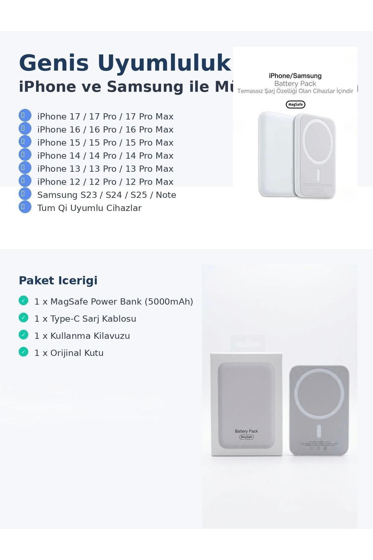 MagSafe Power Bank 5000mAh Manyetik Kablosuz Hizli Sarj 15W iPhone 17 16 15 14 13 12 Pro Max Samsung Uyumlu Tasinabilir Cep Batarya