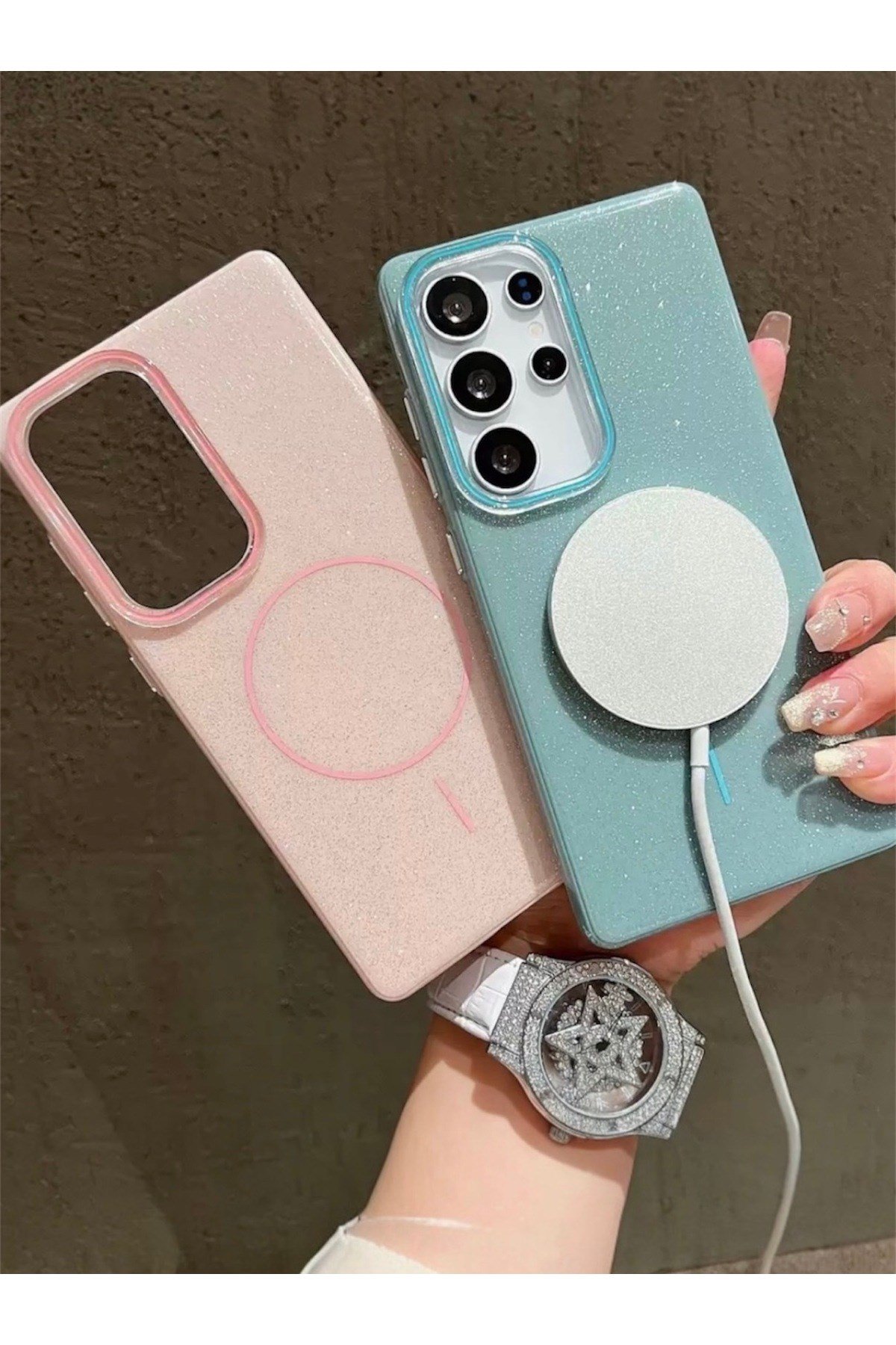Samsung S24 Ultra Uyumlu Pembe Renk Simli Şeffaf MagSafe Koruyucu Kılıf