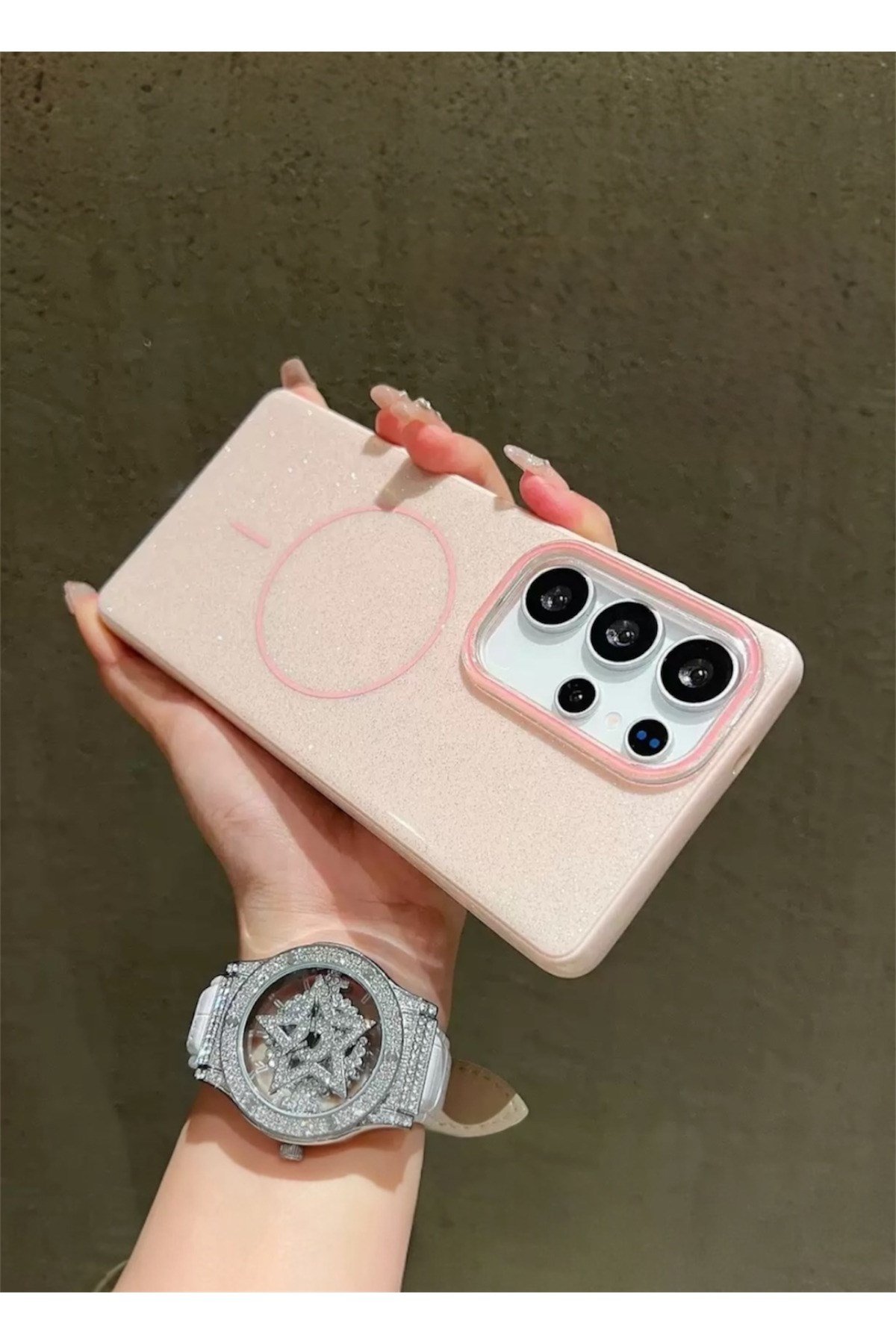 Samsung S24 Ultra Uyumlu Pembe Renk Simli Şeffaf MagSafe Koruyucu Kılıf