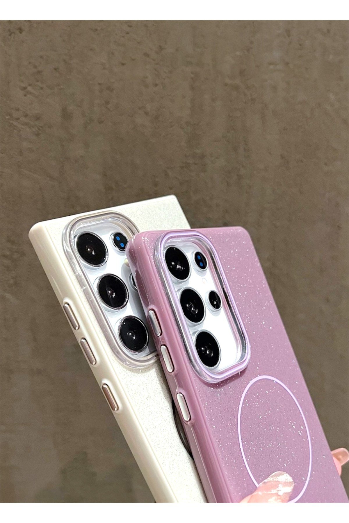 Samsung S25 Ultra Uyumlu Pembe Renk Simli Şeffaf MagSafe Koruyucu Kılıf