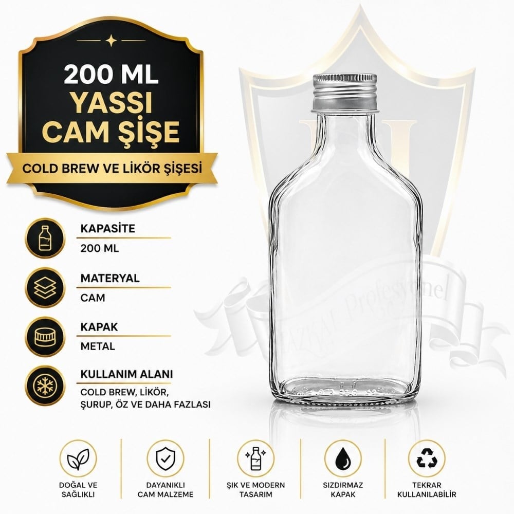 200 ml Yassı Cam Şişe – Cold Brew & Likör Şişesi Metal Kapak
