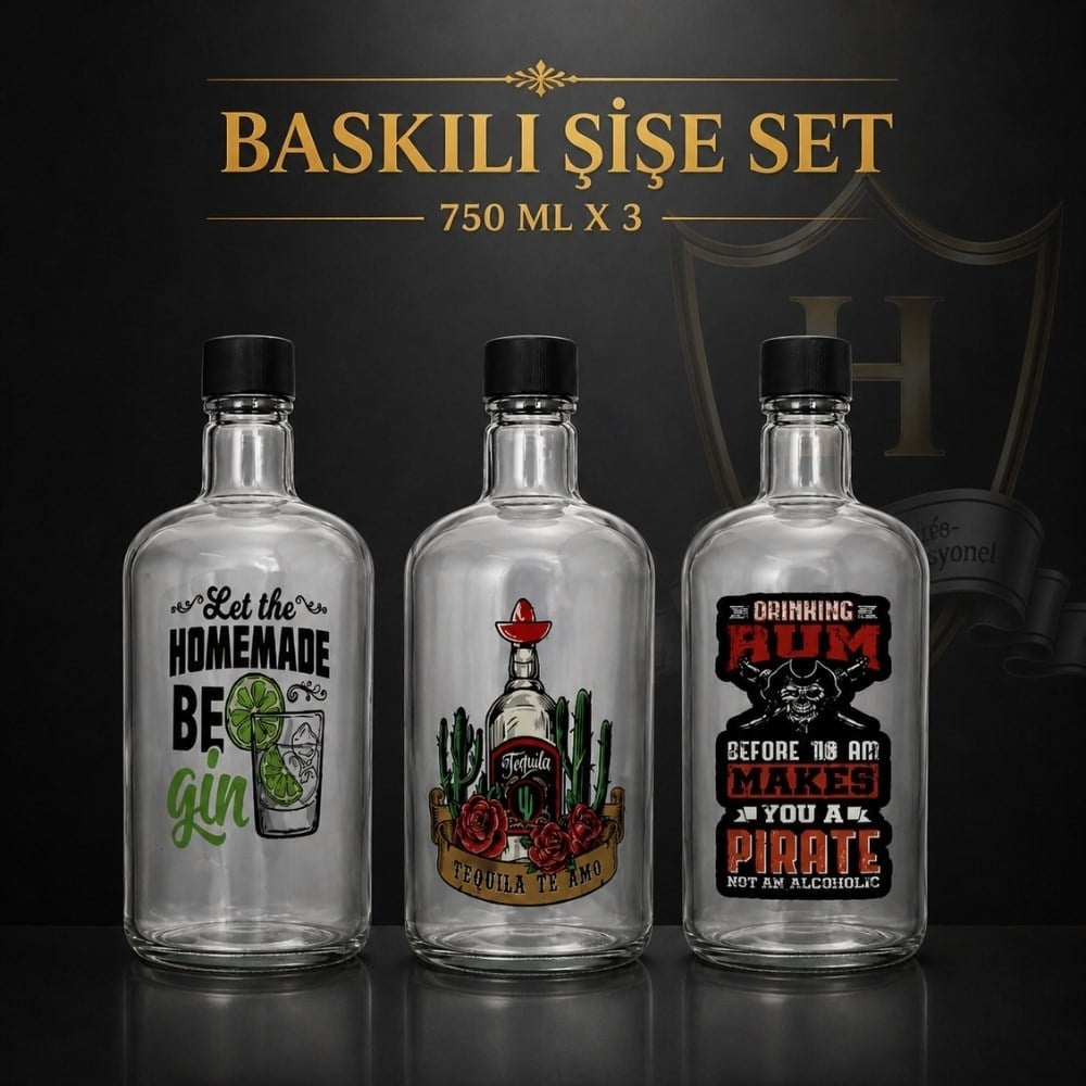 750 ml Baskılı Şişe Seti 3 x İçki Seti