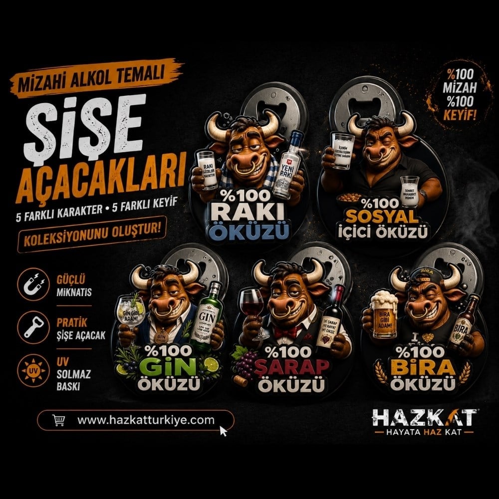 Mizahi Alkol Temalı Şişe Açacağı 5 li Öküz Koleksiyonu