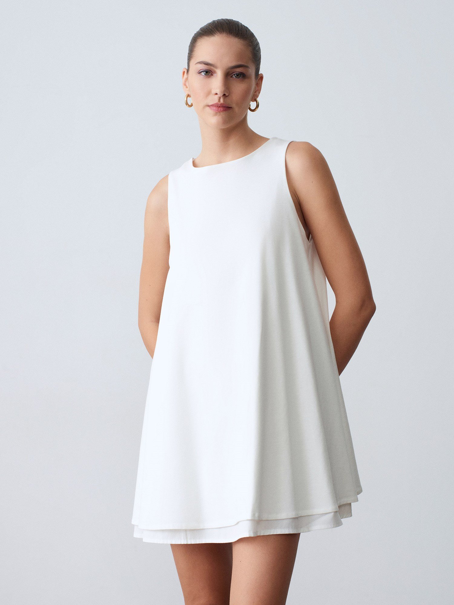 %100 Pamuk Mini Elbise-Ekru