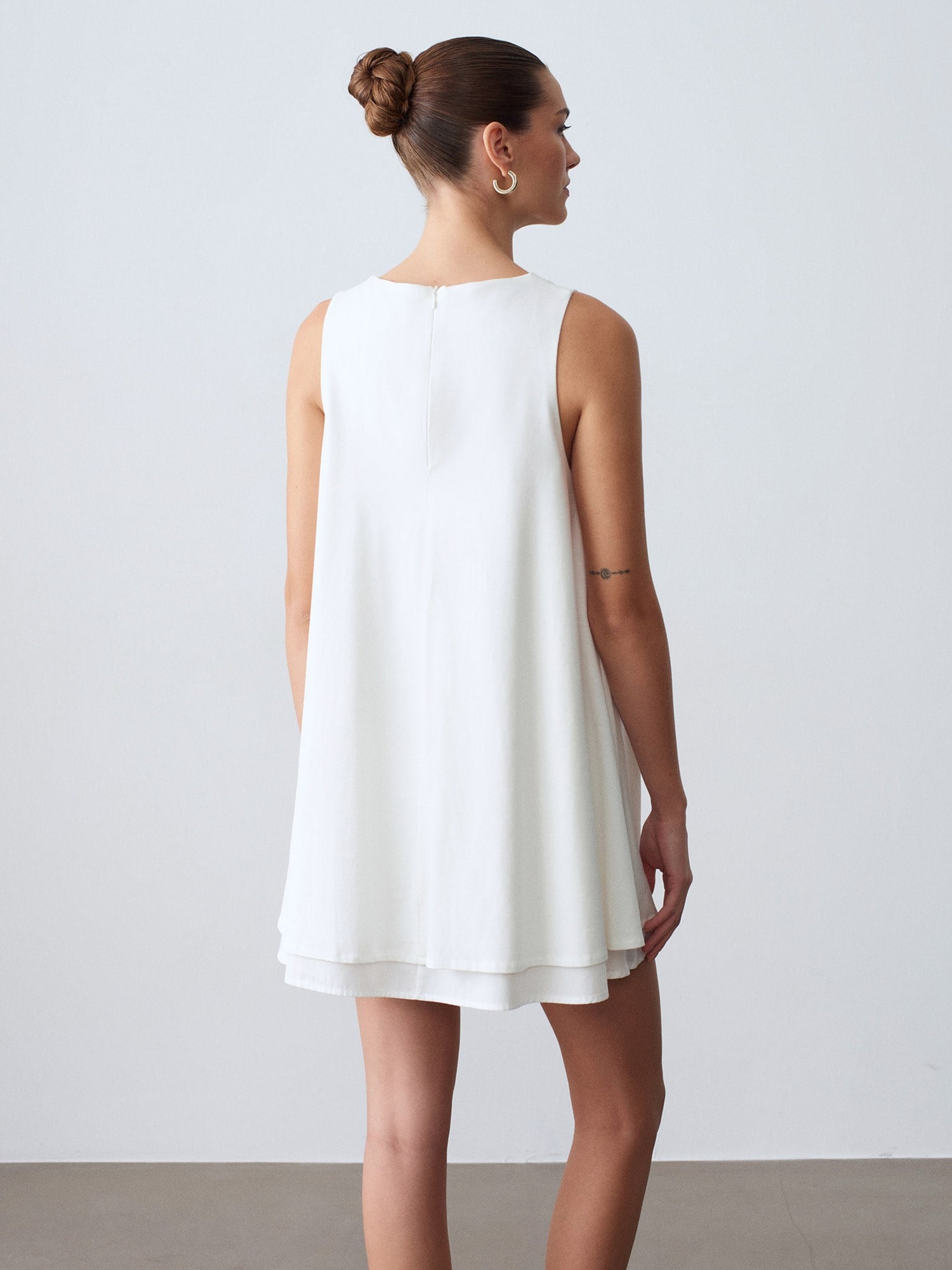 %100 Pamuk Mini Elbise-Ekru