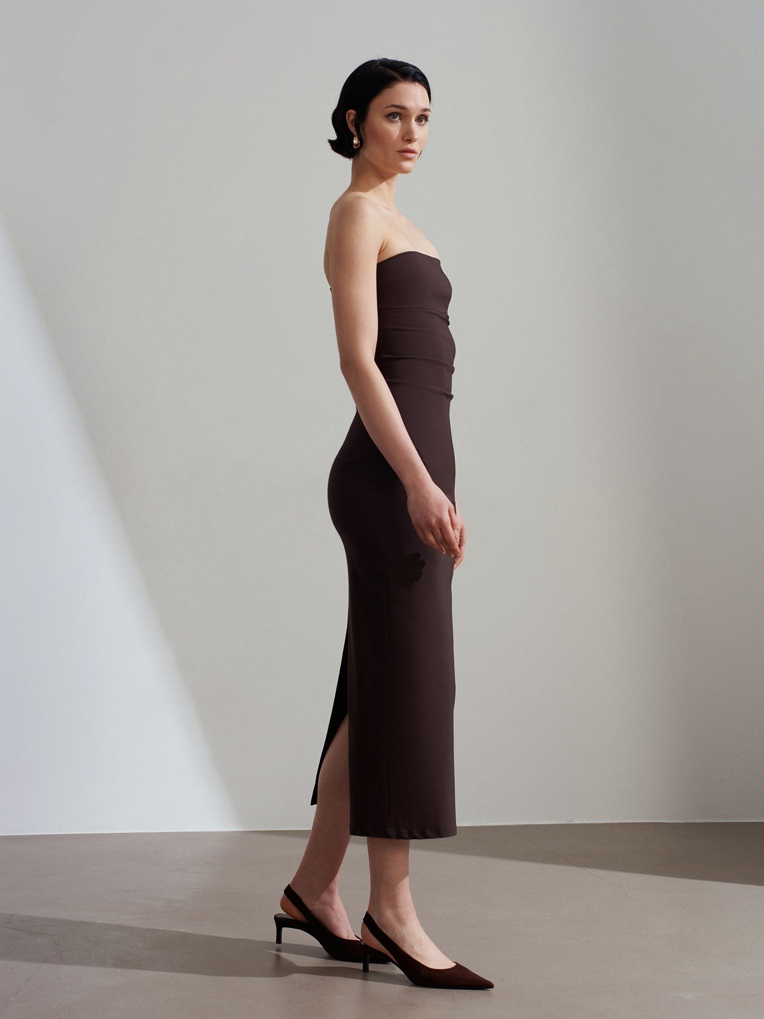 Extra Slim Fit Midi Elbise-Kahve
