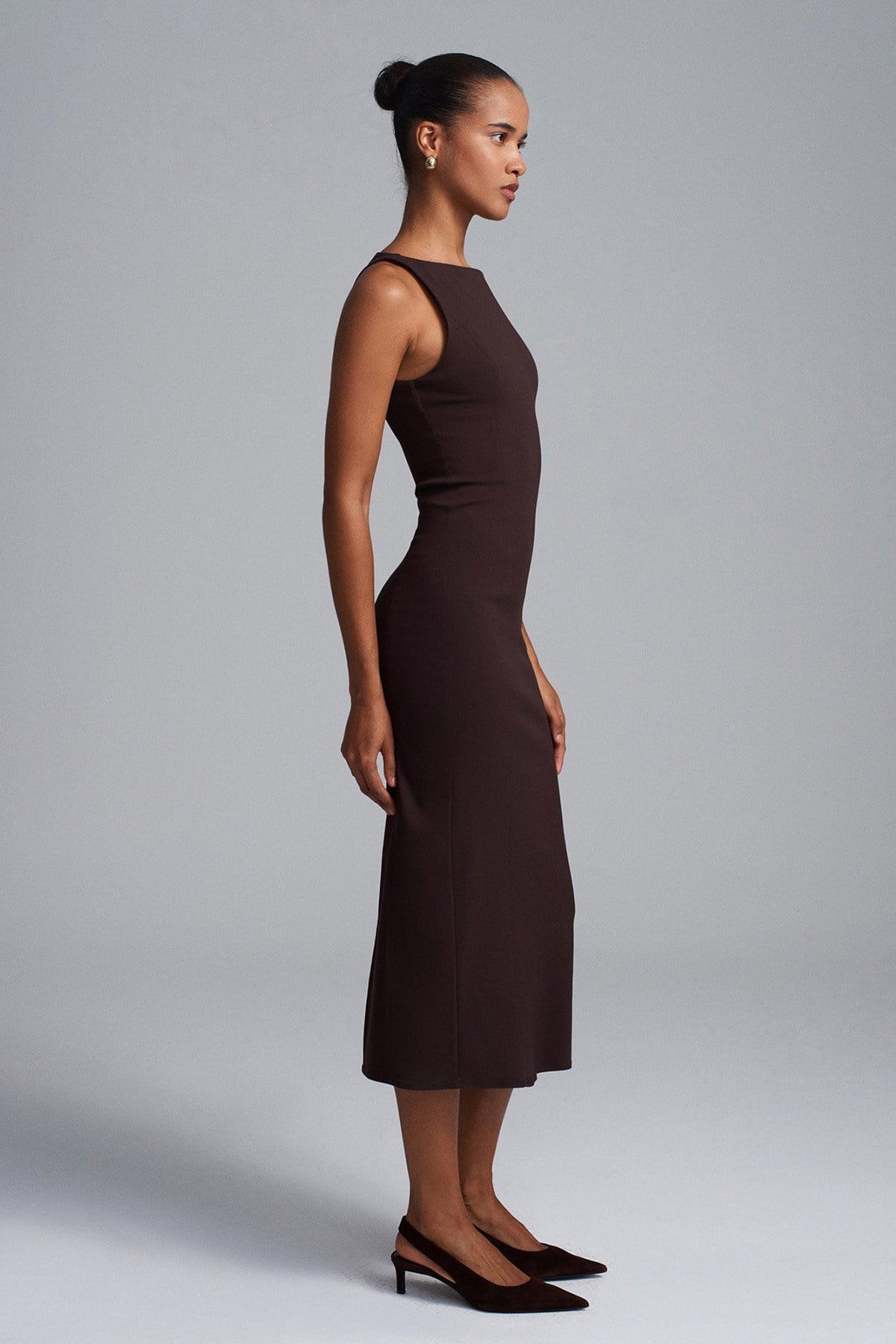 Extra Slim Fit Midi Elbise-Kahve
