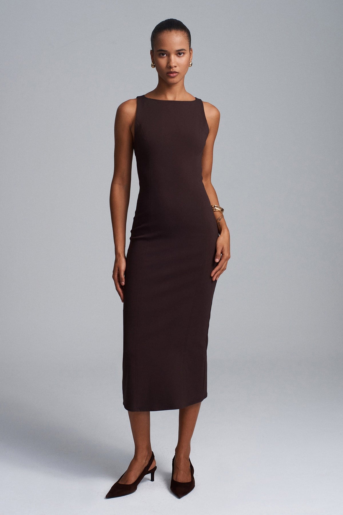 Extra Slim Fit Midi Elbise-Kahve