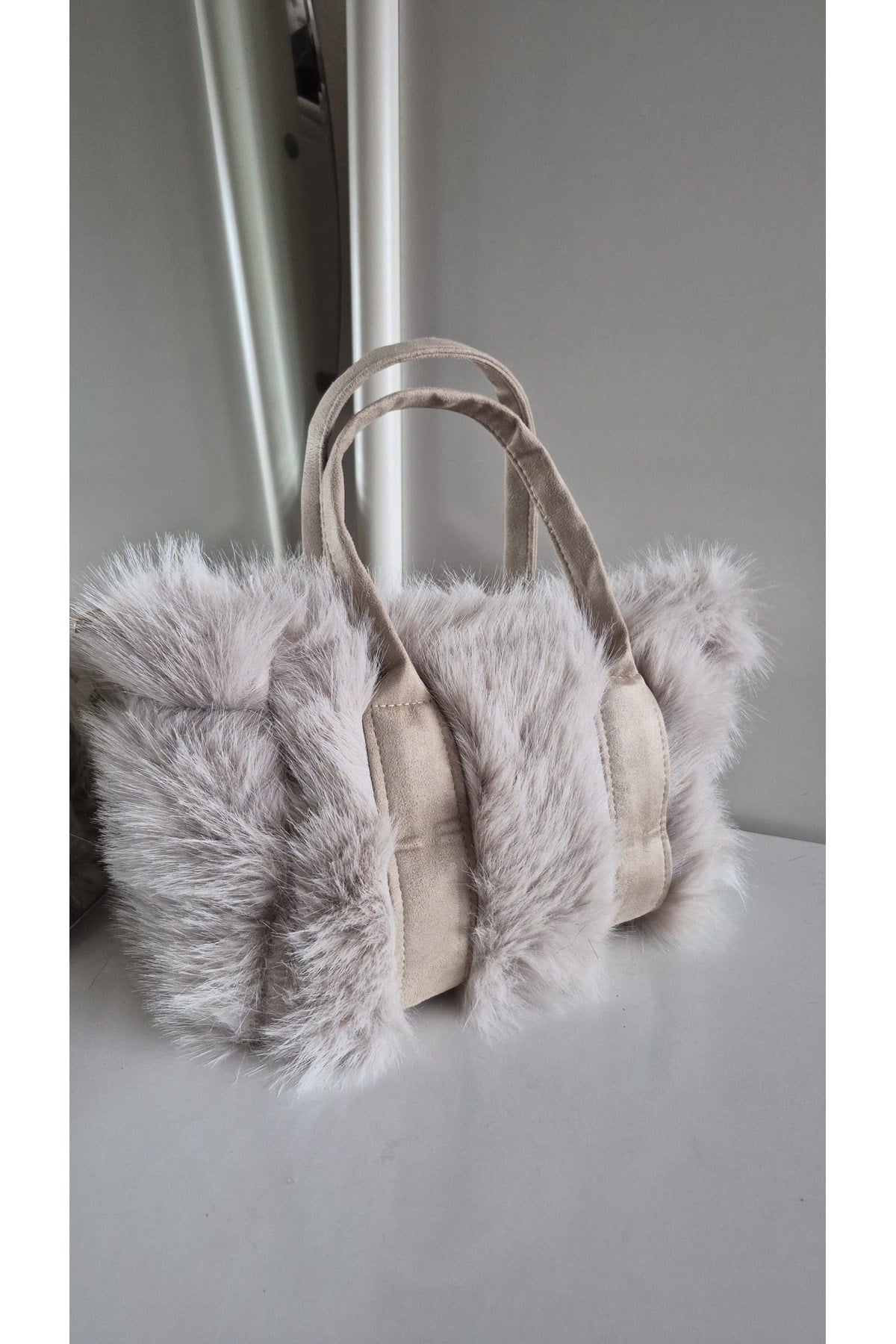 Krem Tüylü Teddy Kol ve El Çantası - Furry Bag