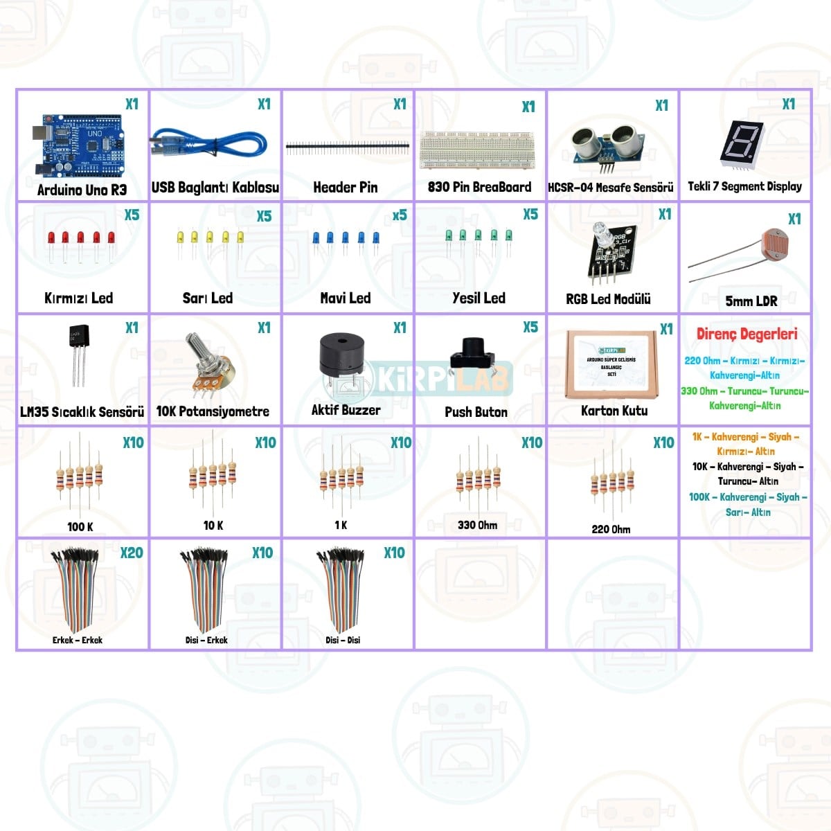 Kirpilab Arduino Başlangıç Seti 24 Parça 126 Bileşenli Maker Seti