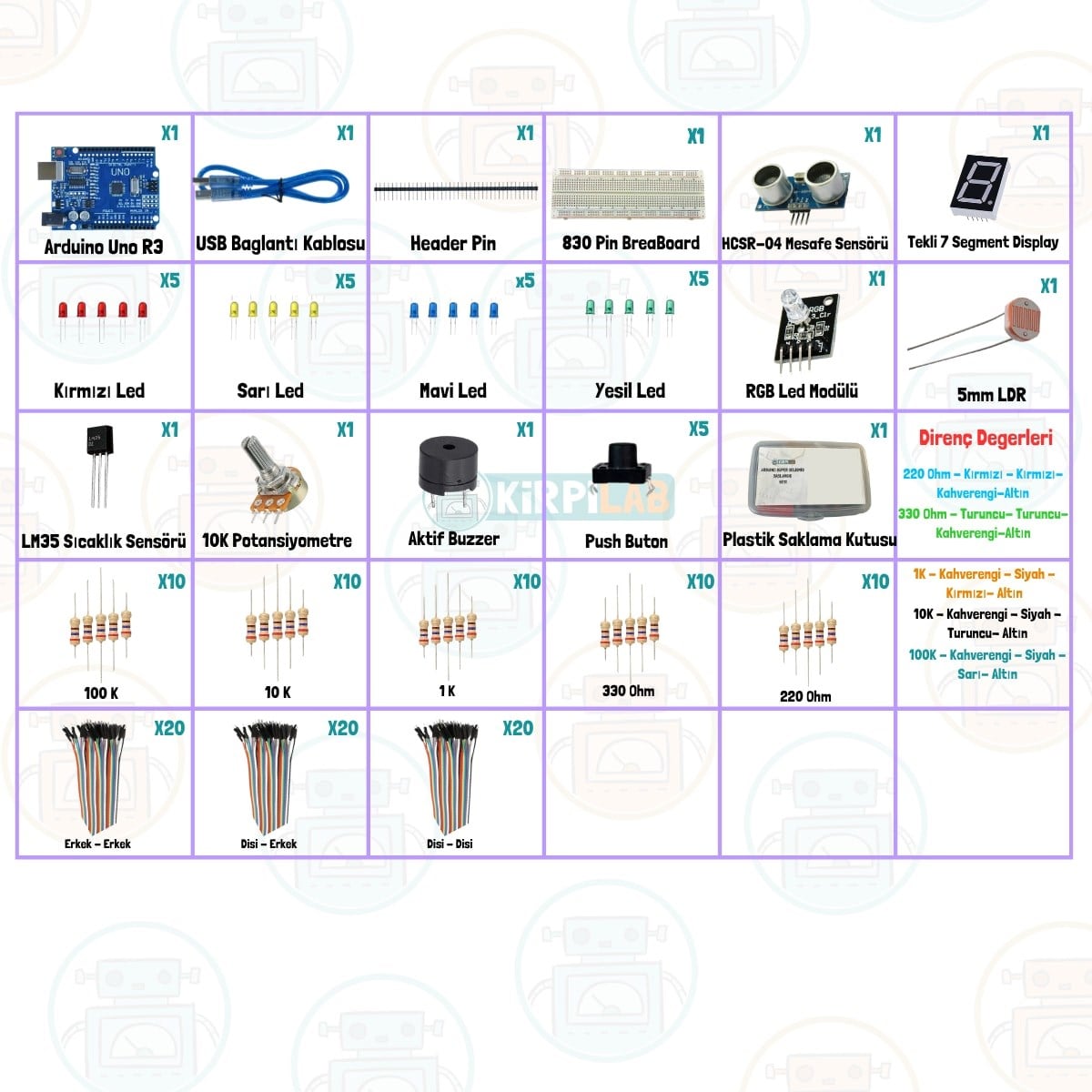 Kirpilab Arduino Başlangıç Seti 25 Parça 147 Bileşenli Maker Seti + Saklama Kutulu