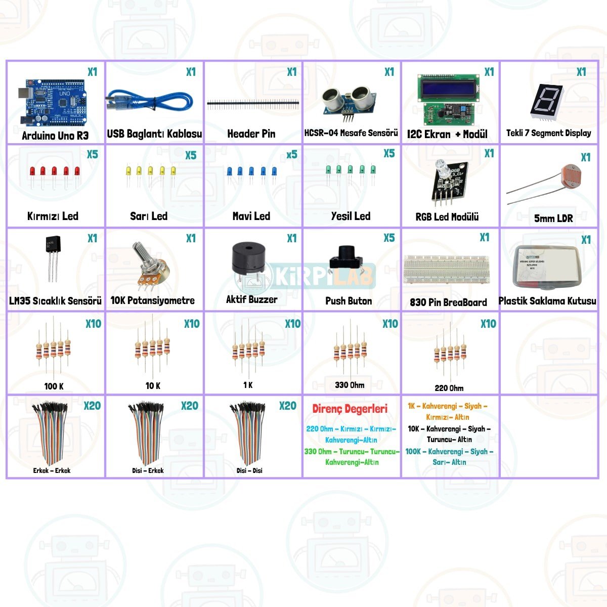 Kirpilab Arduino Başlangıç Seti 26 Parça 148 Bileşenli Maker Seti + Saklama Kutulu