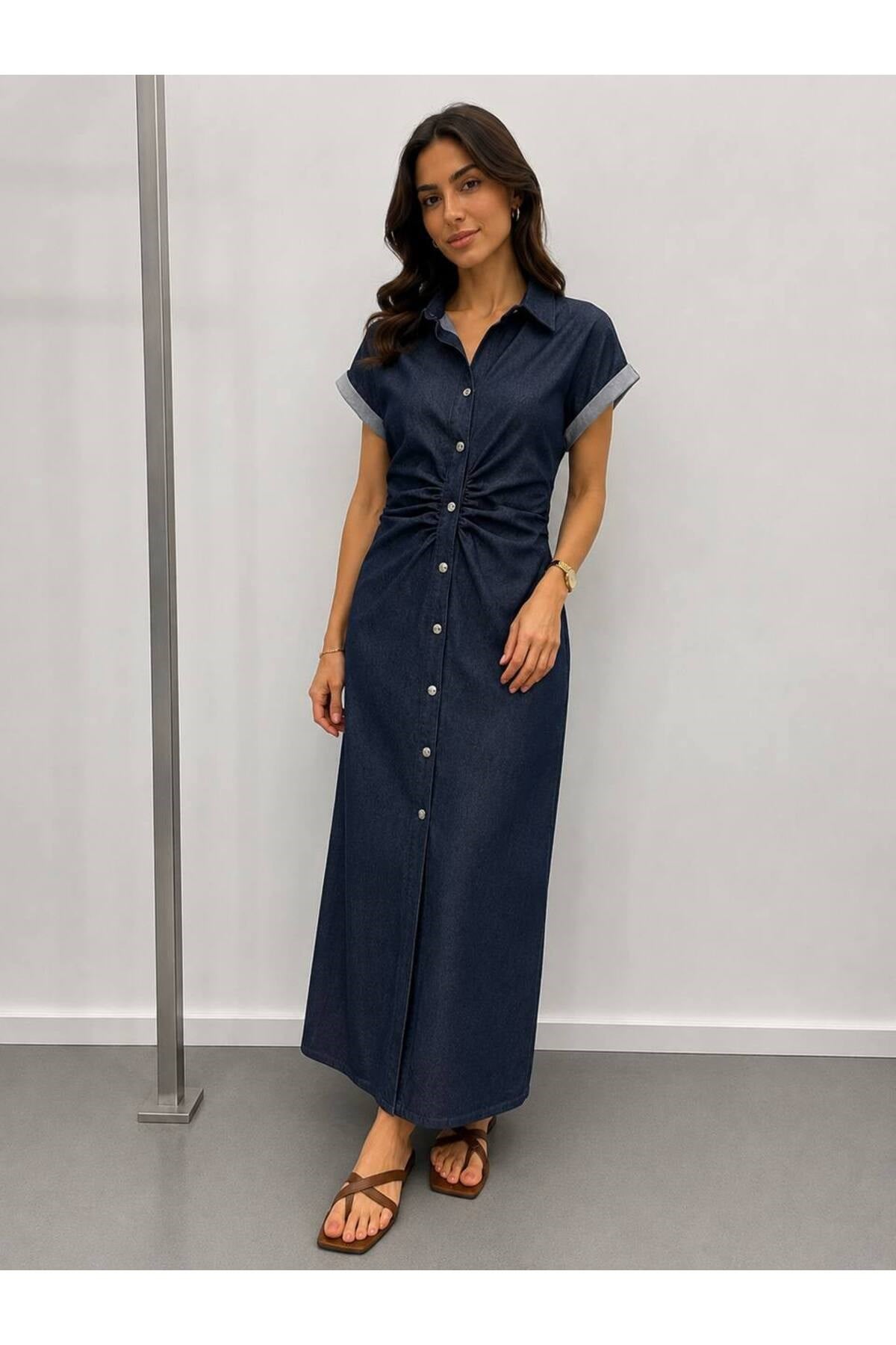 Kadın Beli Büzgülü Denim Elbise