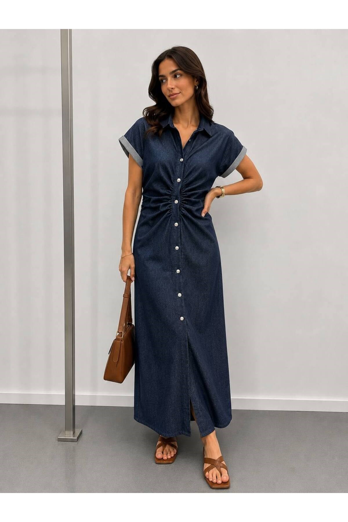 Kadın Beli Büzgülü Denim Elbise
