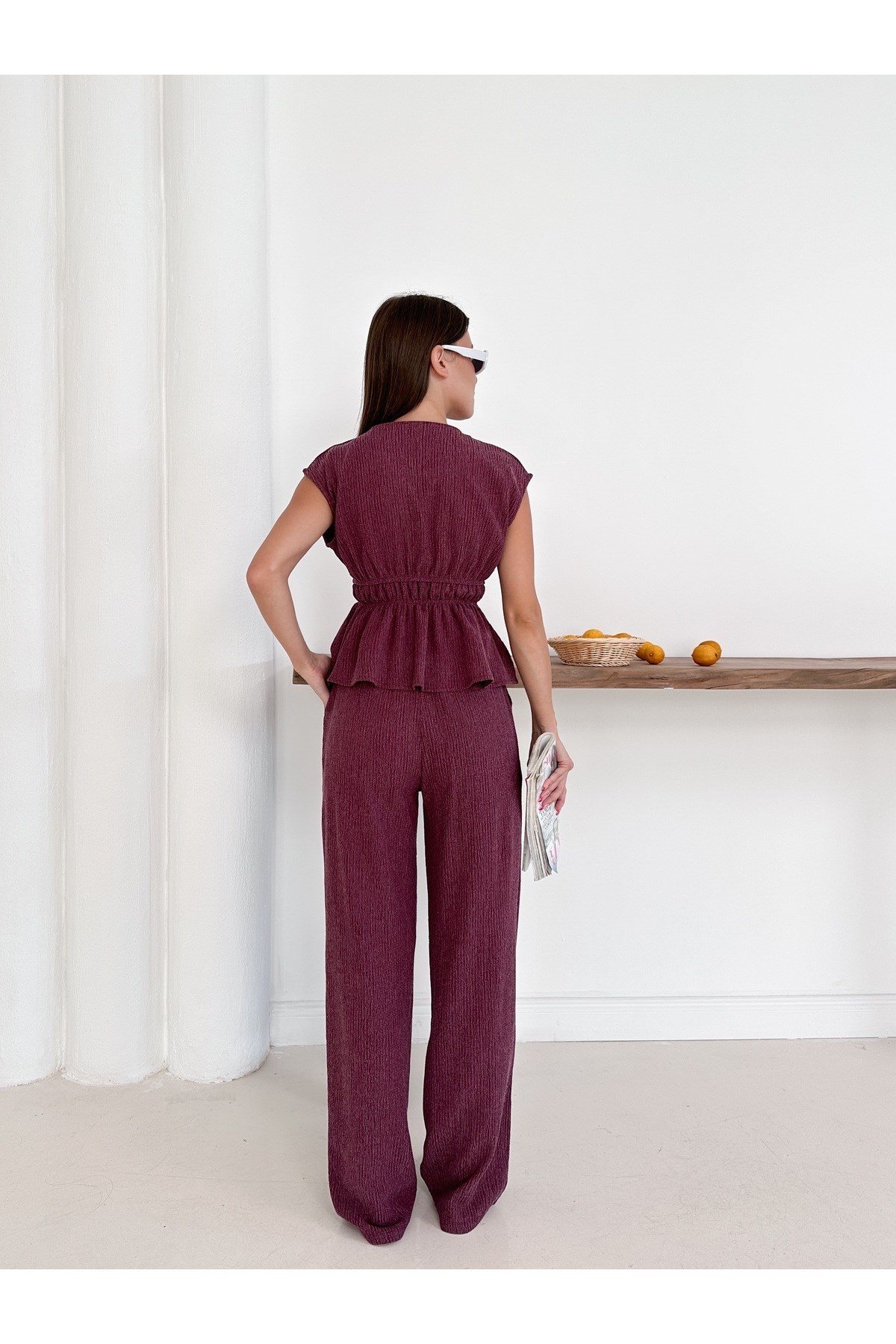 Kadın Bordo Bel Büzgü ve Bağcık Detaylı Bluz Pantolon Takım