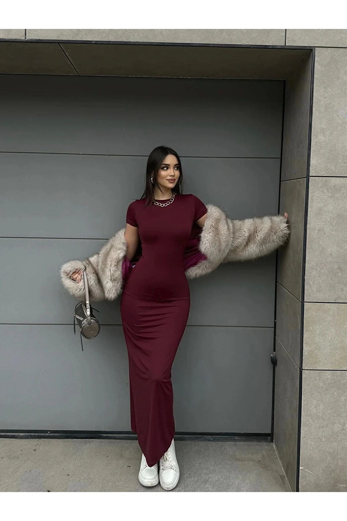 Kadın Bordo Bisiklet Yaka Kısa Kollu Maxi Yazlık Elbise