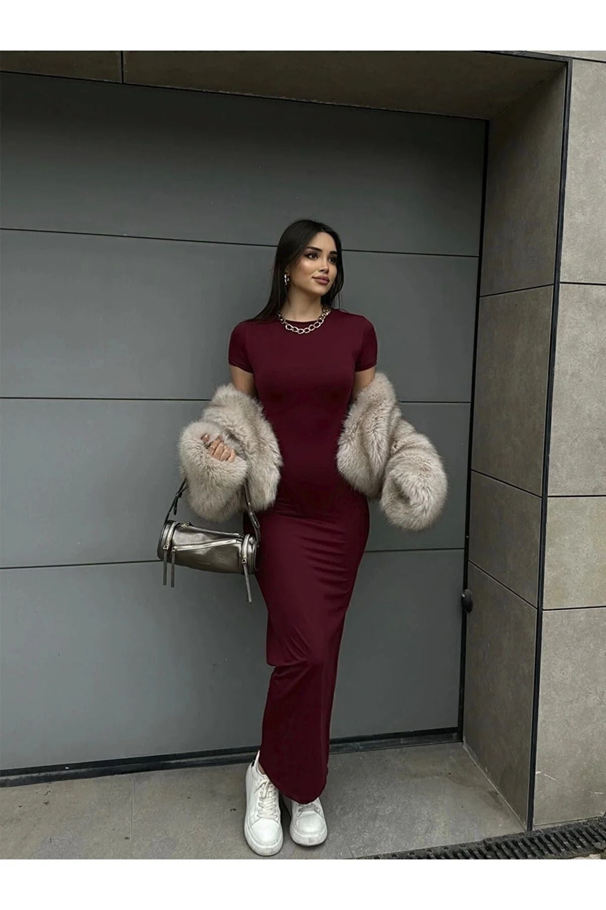 Kadın Bordo Bisiklet Yaka Kısa Kollu Maxi Yazlık Elbise