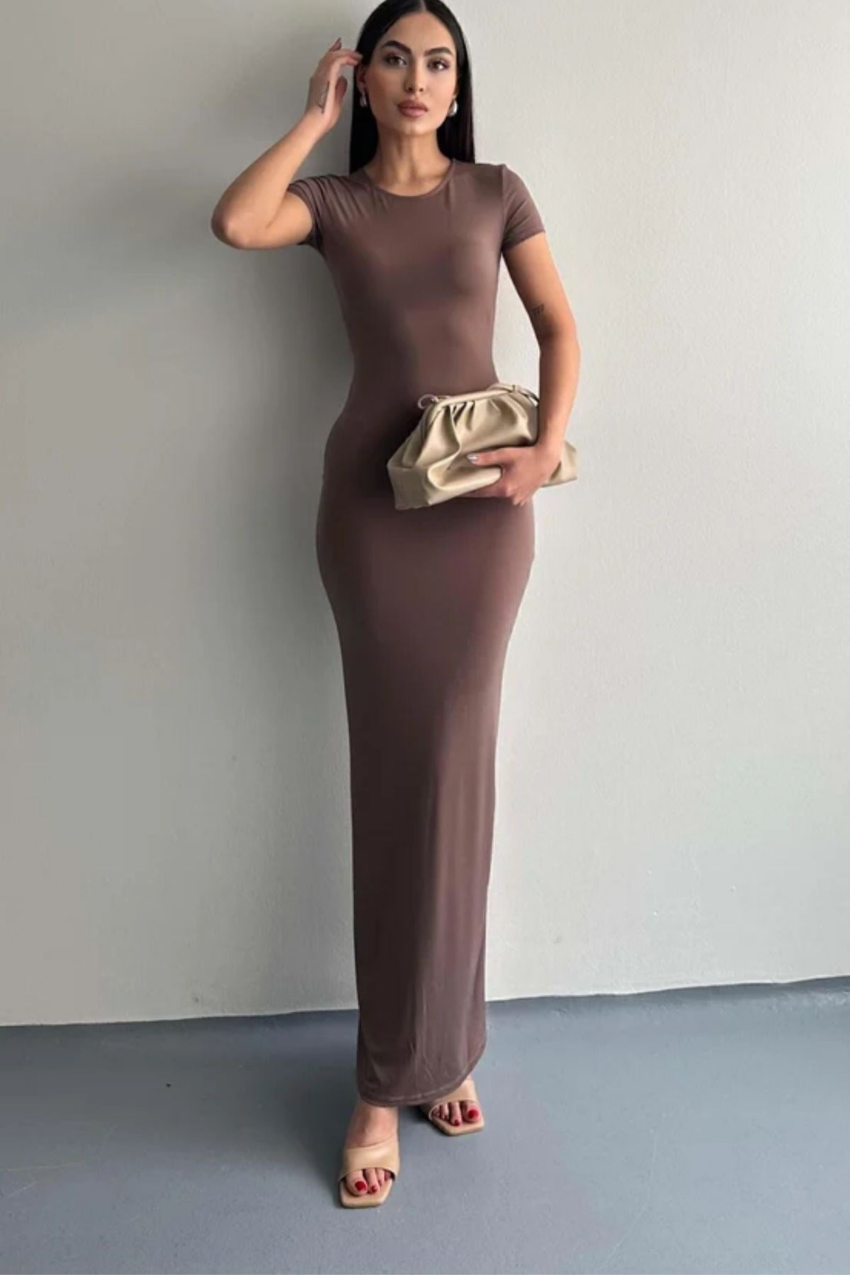 Kadın Bordo Bisiklet Yaka Kısa Kollu Maxi Yazlık Elbise
