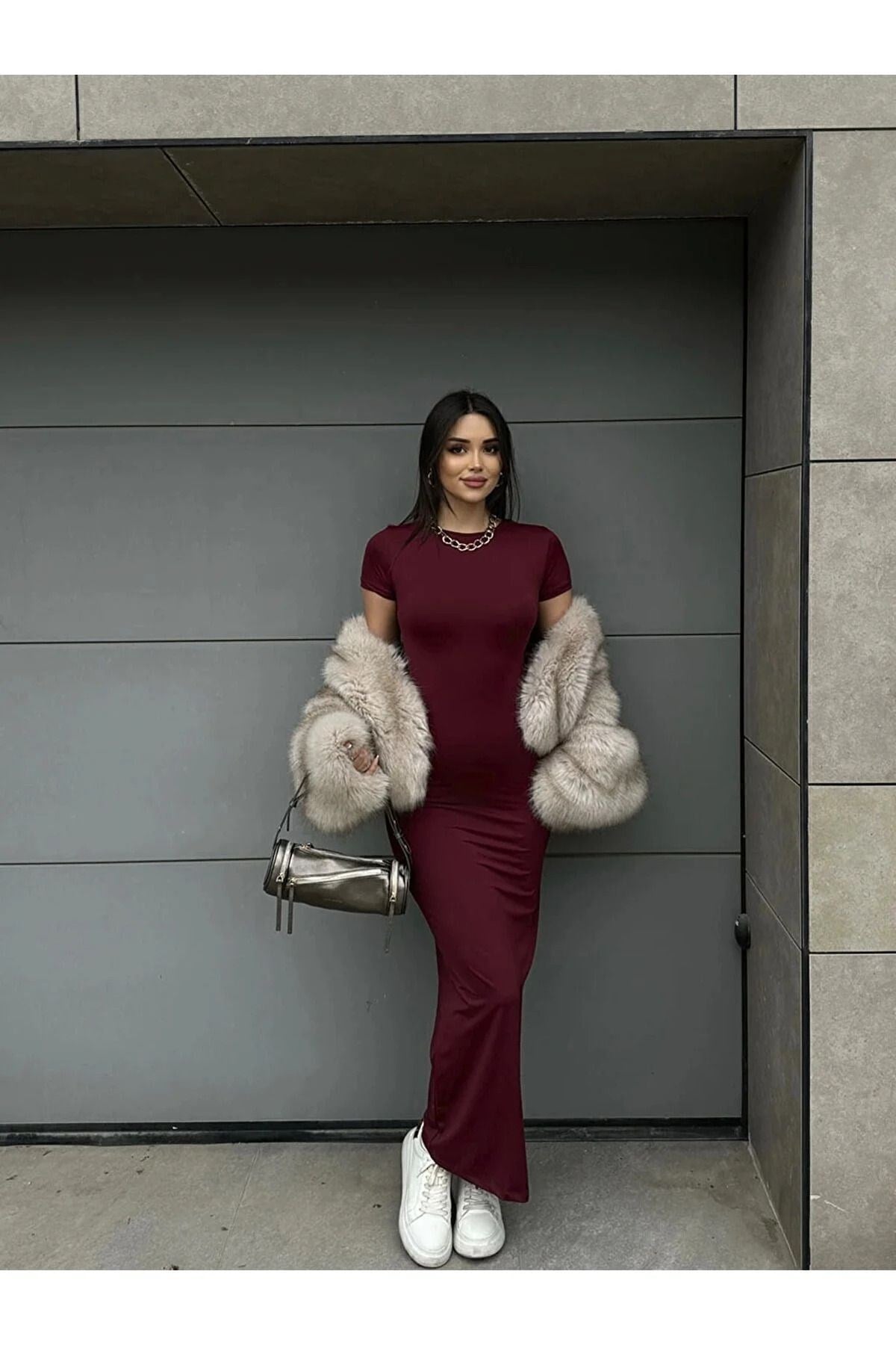 Kadın Bordo Bisiklet Yaka Kısa Kollu Maxi Yazlık Elbise