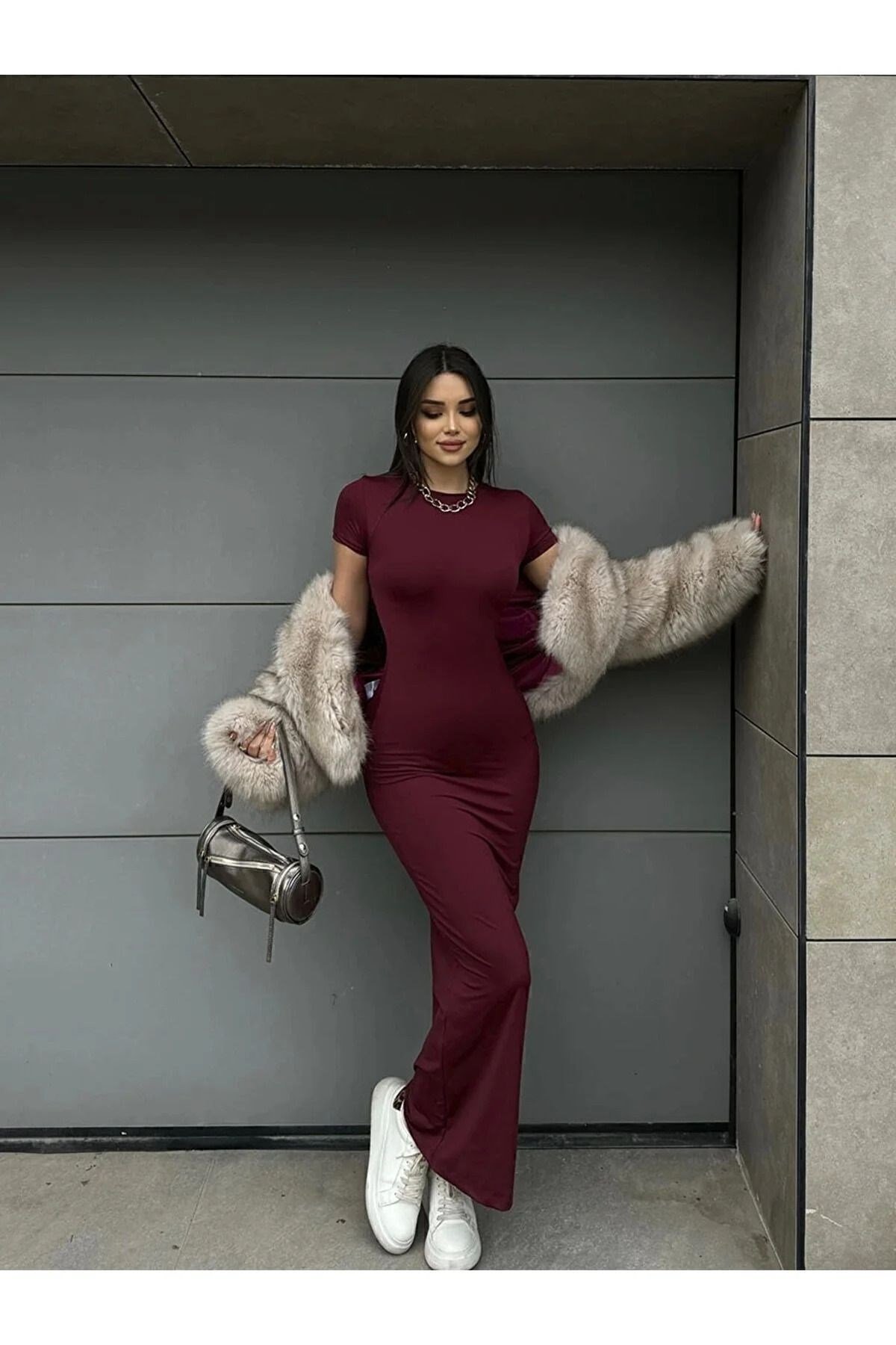 Kadın Bordo Bisiklet Yaka Kısa Kollu Maxi Yazlık Elbise