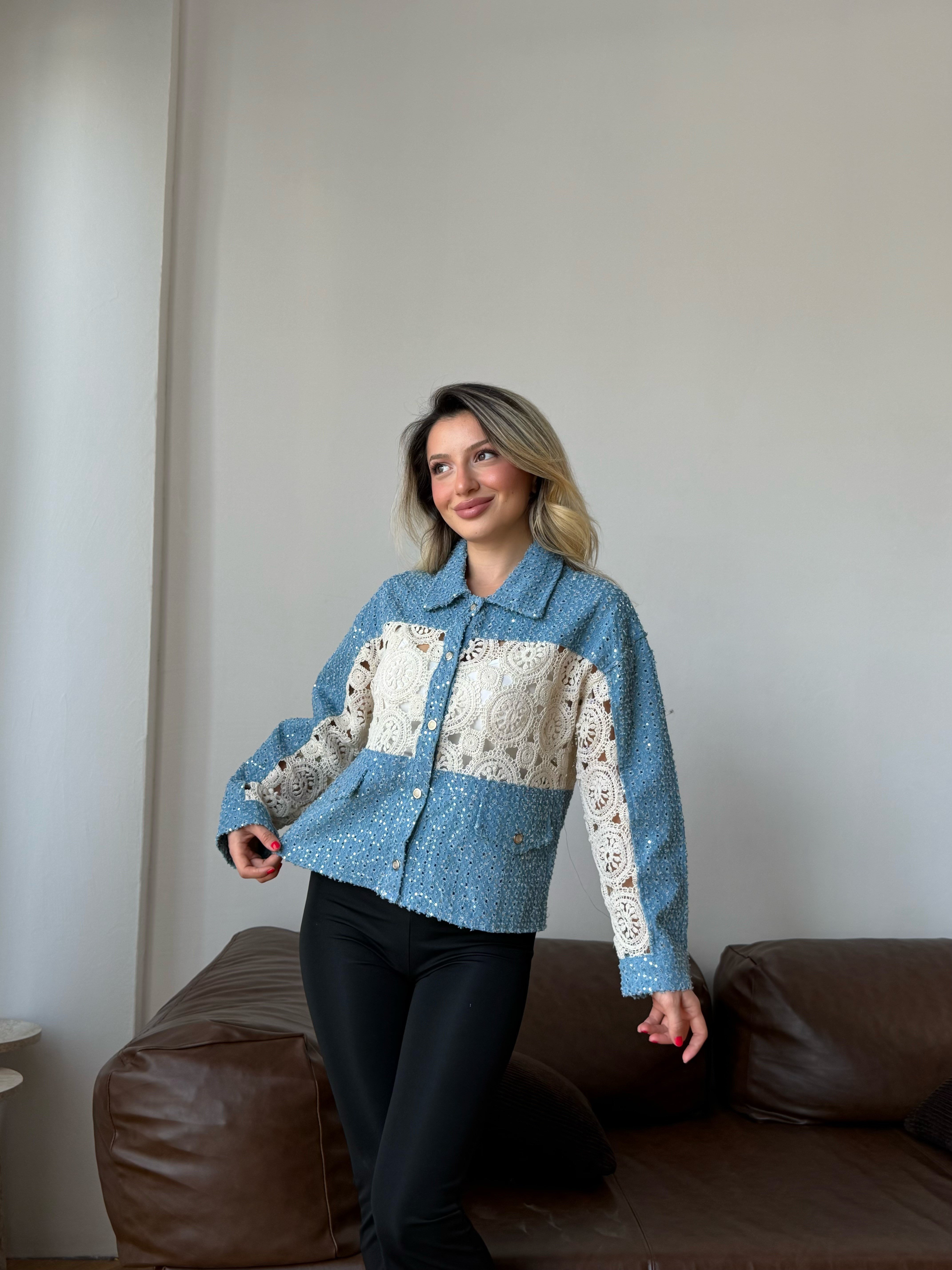 Kadın Dantel Detaylı Kot Ceket