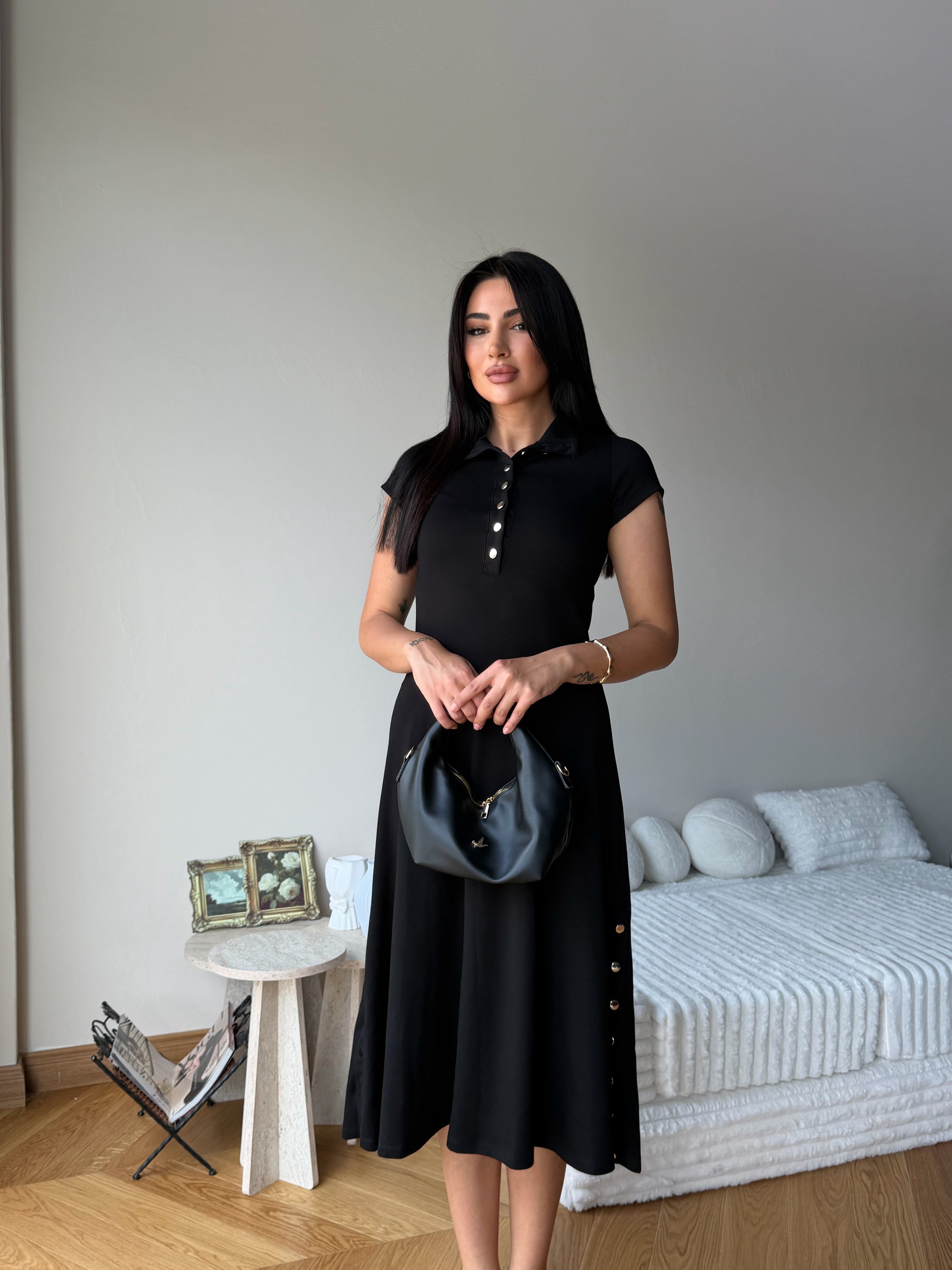 Kadın Düğme Detaylı Uzun Elbise