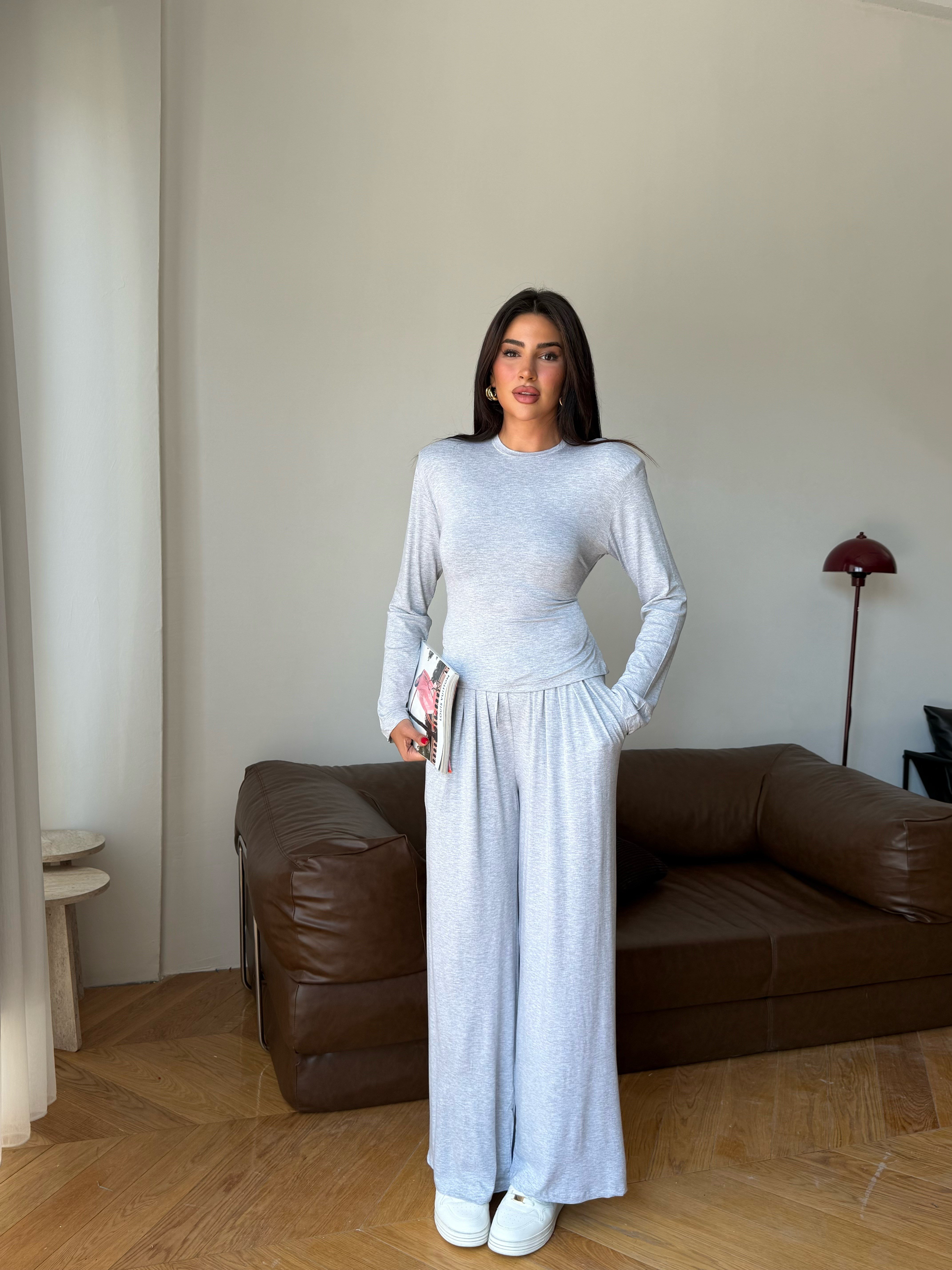 Kadın Gri Belden Bağlamalı İkili Takım