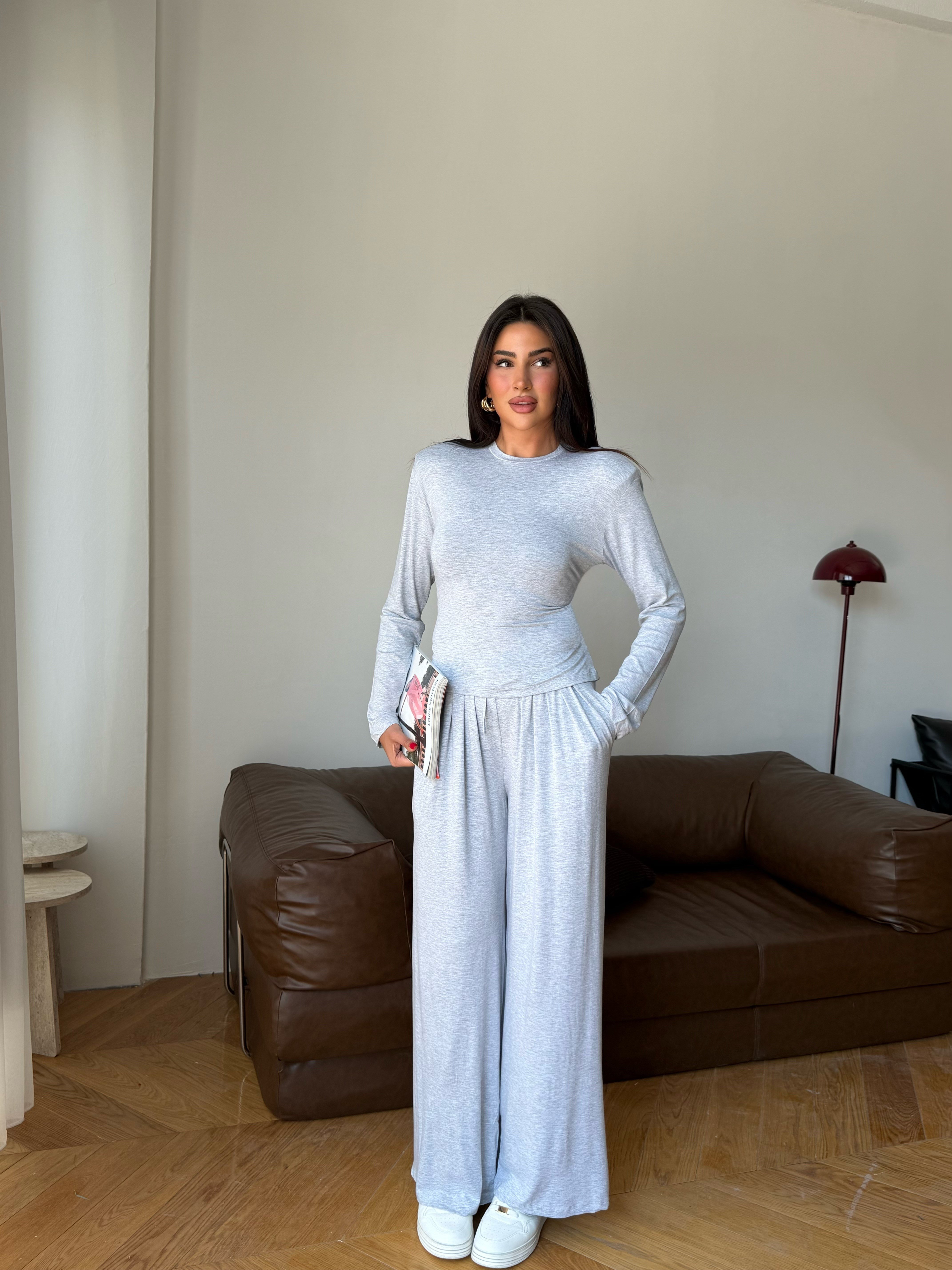 Kadın Gri Belden Bağlamalı İkili Takım