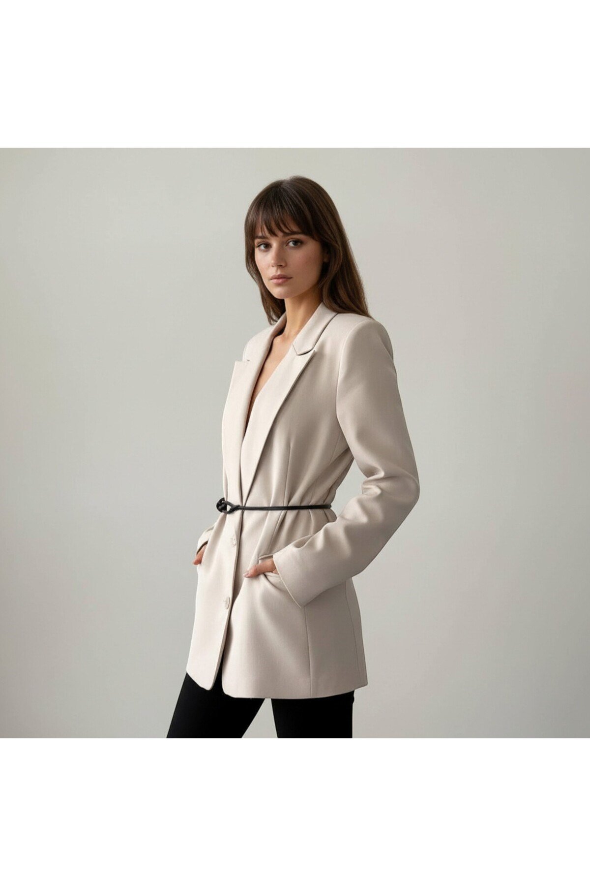 Kadın Kemer Detaylı Astarlı Blazer Ceket