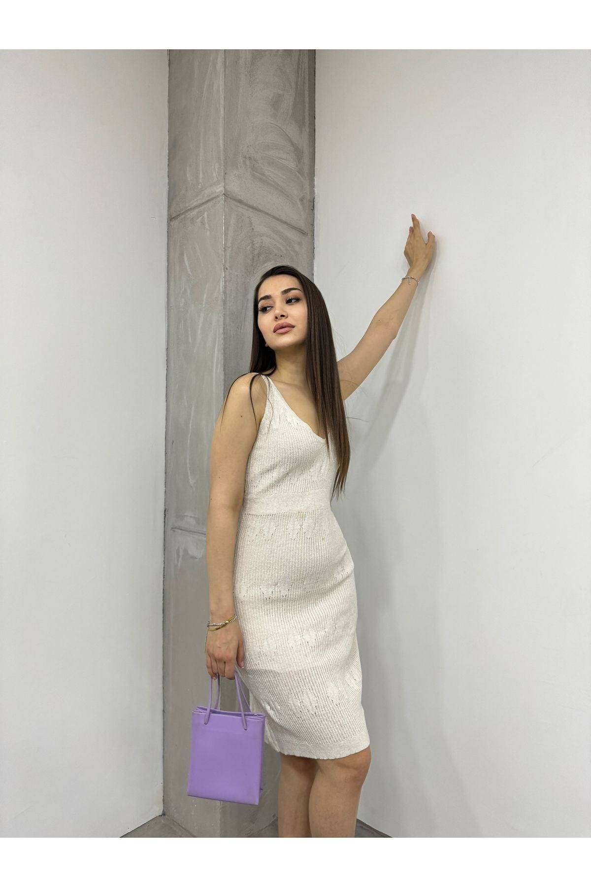 Kadın Krem Askılı Yazlık Astarlı Triko Elbise