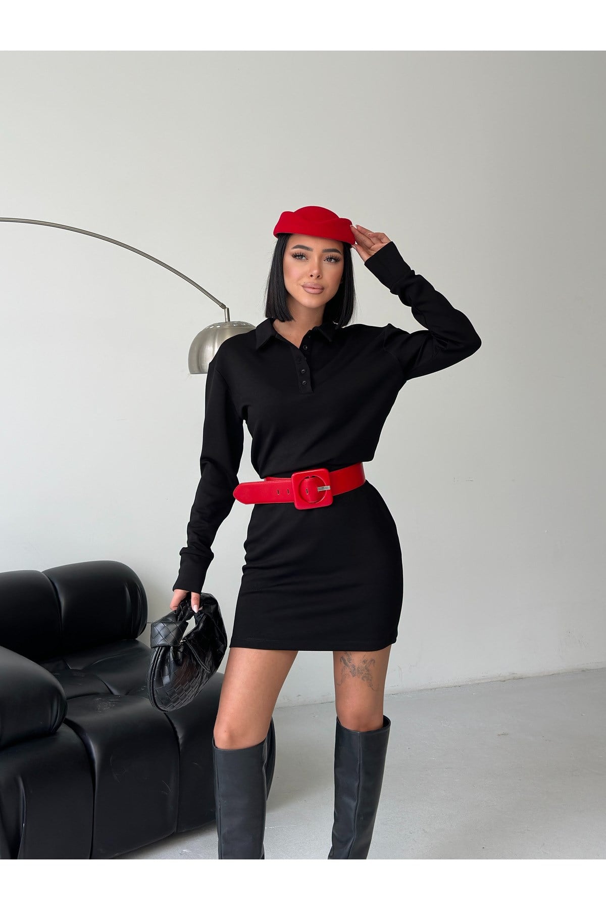 Kadın Polo Yaka Beli Lastikli Elbise