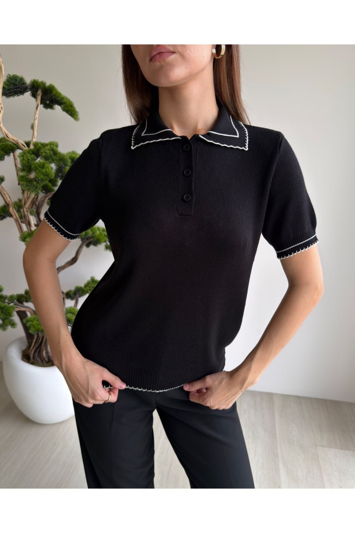Kadın Polo Yaka İşleme Detaylı Triko Kazak