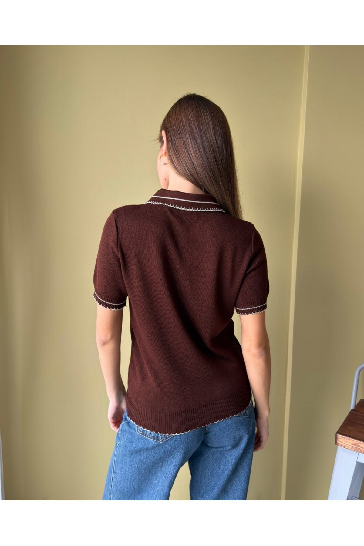 Kadın Polo Yaka İşleme Detaylı Triko Kazak