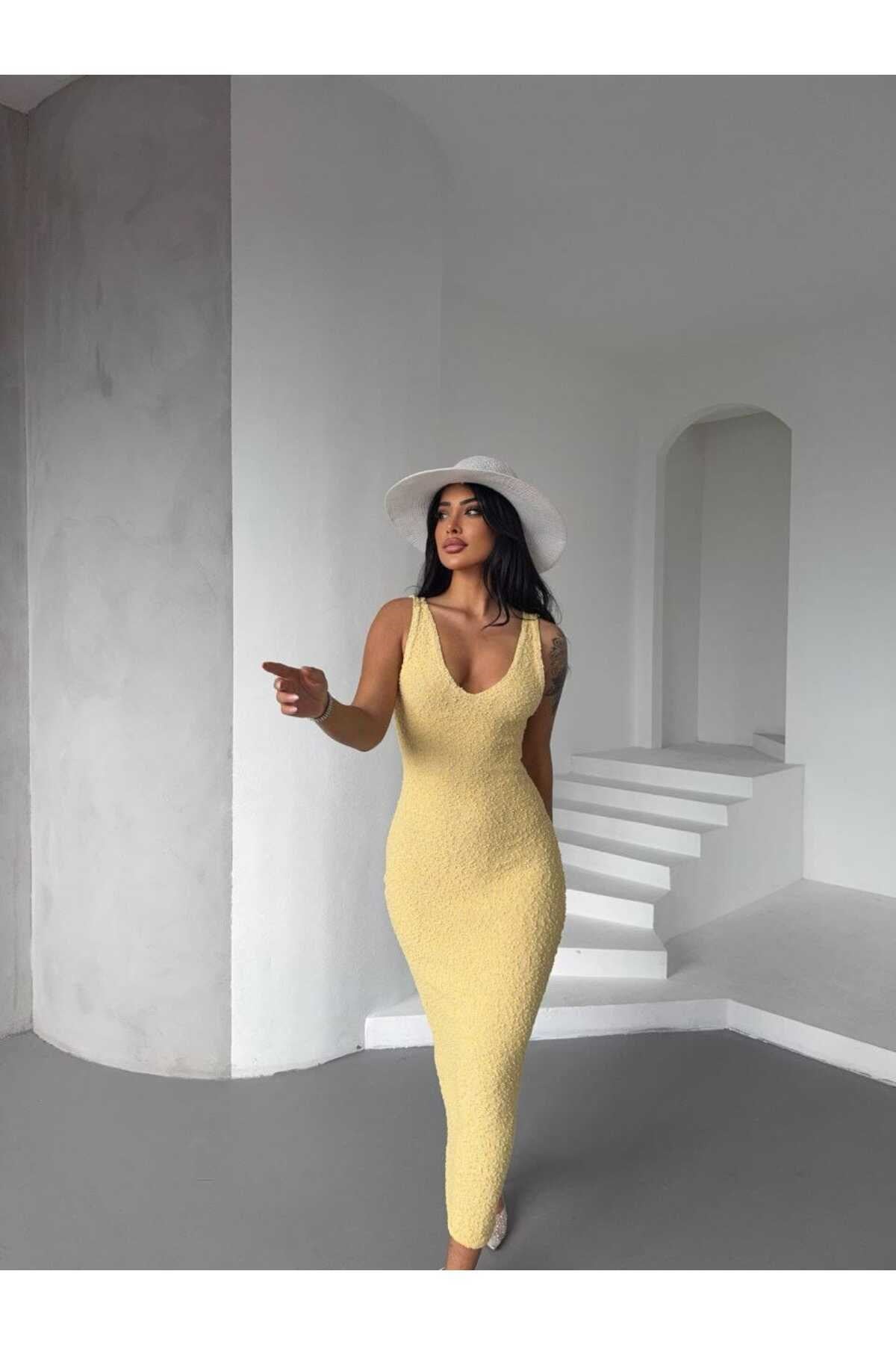 Kadın Sarı Ön Arka V Yaka Yeni Sezon Yazlık Triko Elbise